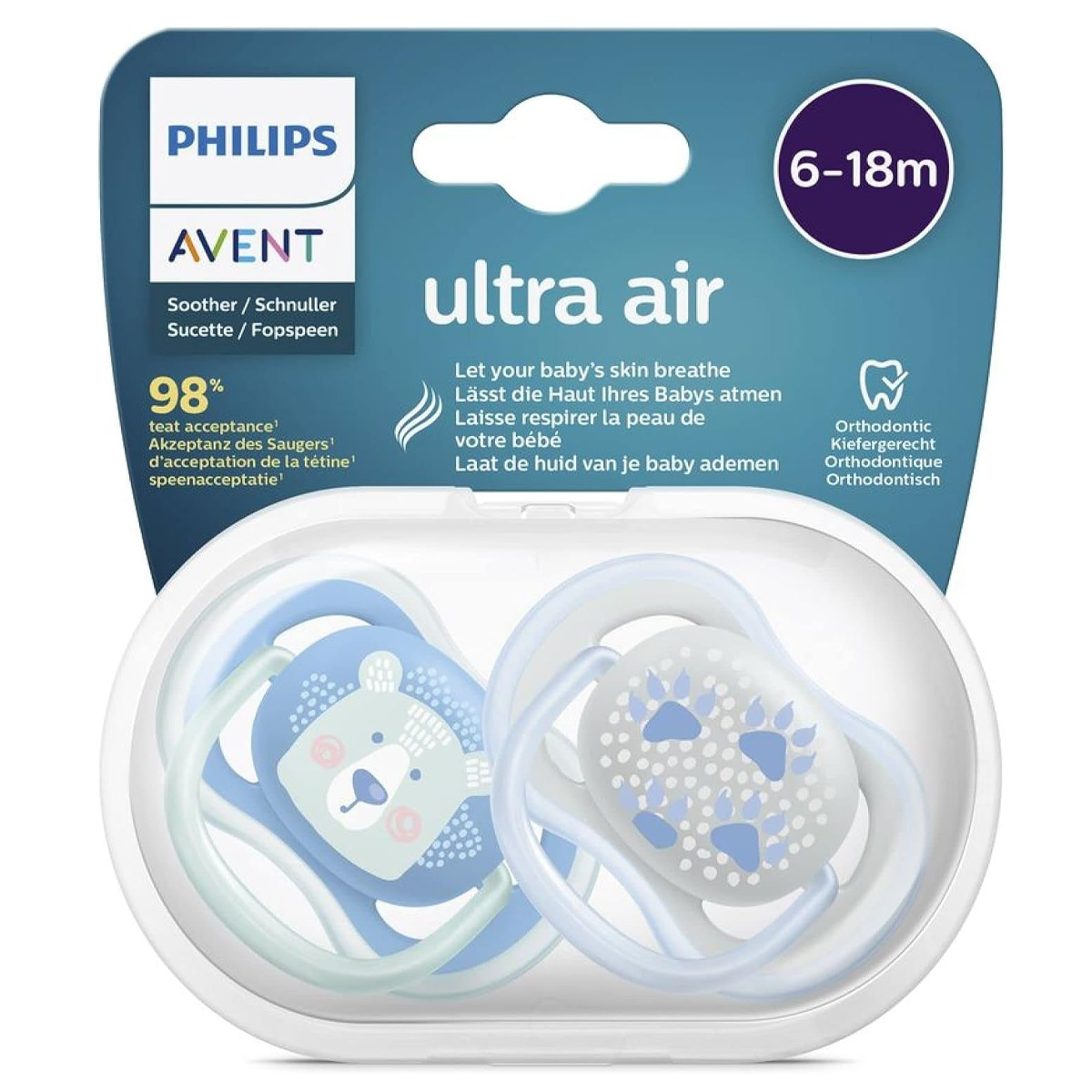 Foto 5 pulgar | Chupón Ultra Air Avent 6-18m 2pz Azul Huellas