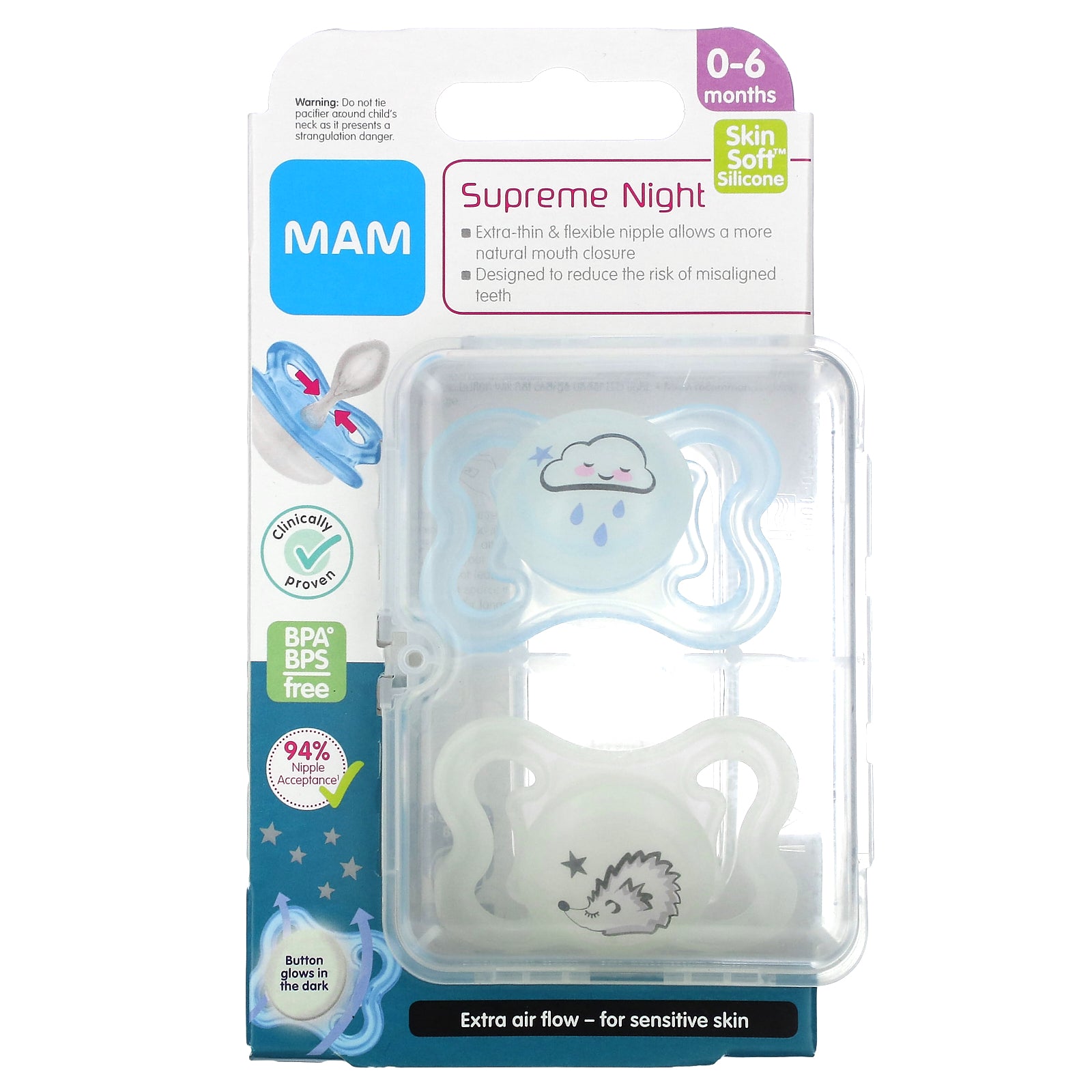 Foto 2 pulgar | Chupete Mam Supreme Night De 0 A 6 Meses, Azul Y Transparente (2 Unidades) - Venta Internacional.