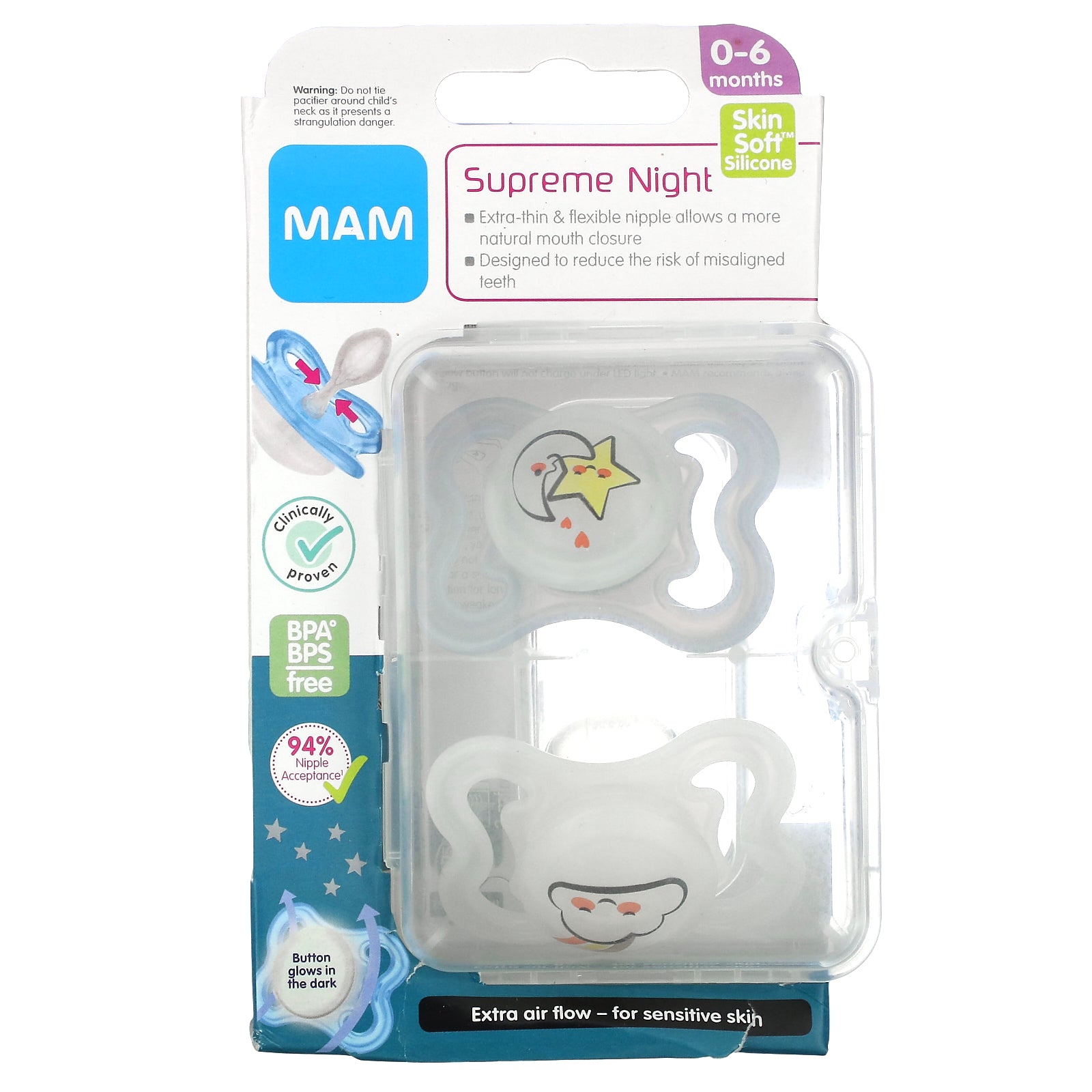 Chupete Mam Supreme Night Para 0-6 Meses, Transparente (2 Unidades) - Venta Internacional.