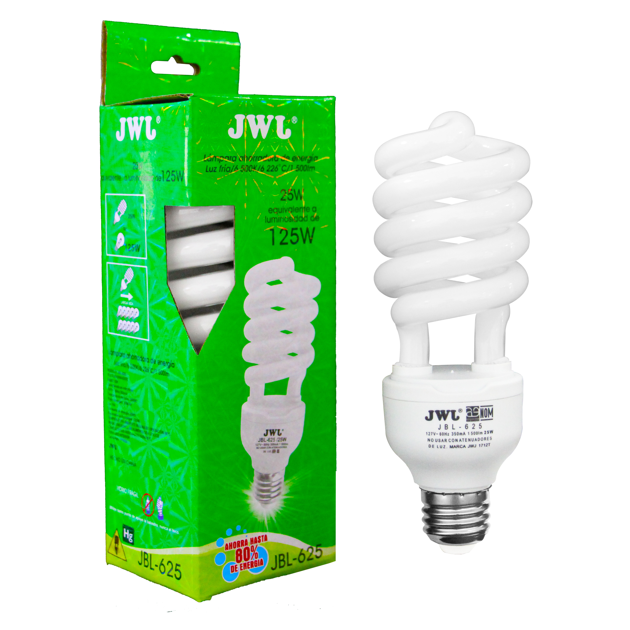 Paquete de 2 Focos Ahorradores de Espiral JWJ color Blanco de 25 w Luz Blanca