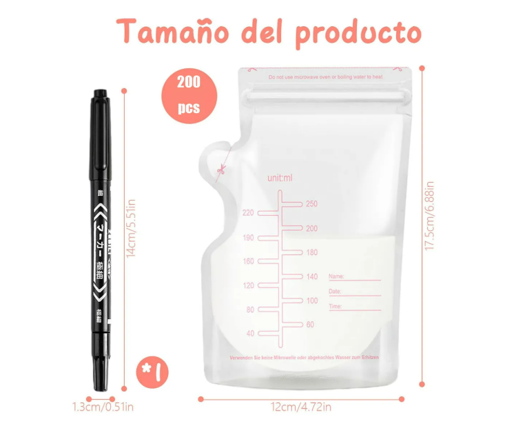 Foto 3 pulgar | Bolsa De Almacenamiento De Leche Materna 250ml 200piezas+pen