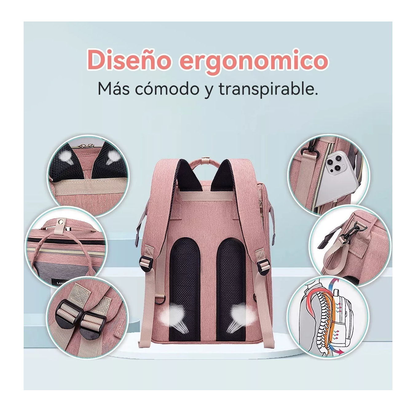 Foto 5 | Mochila Pañalera Impermeable con Usb para Cargar color Rosa