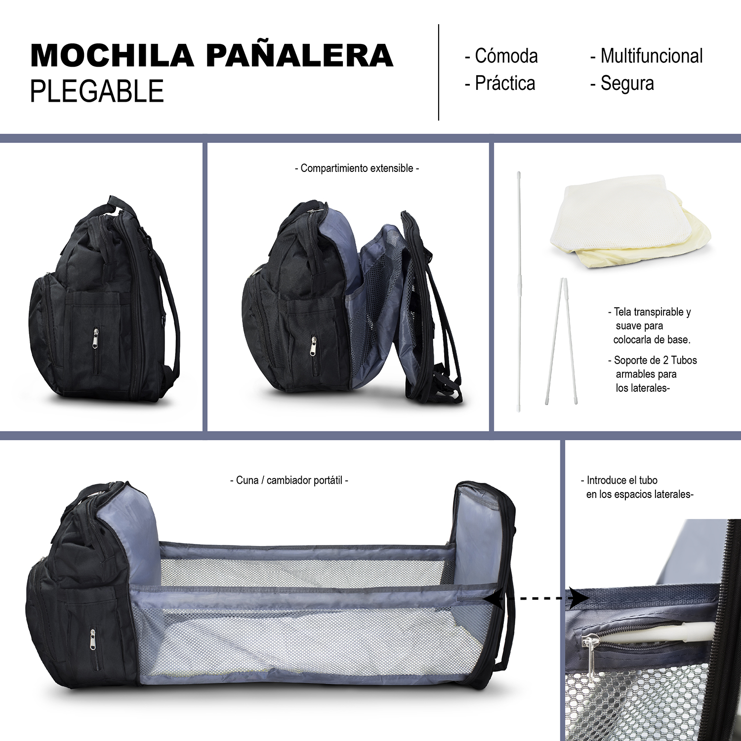 Foto 7 pulgar | Mochila Pañalera Cambiador Andromeda Inc 74851 color Negro Multifuncional