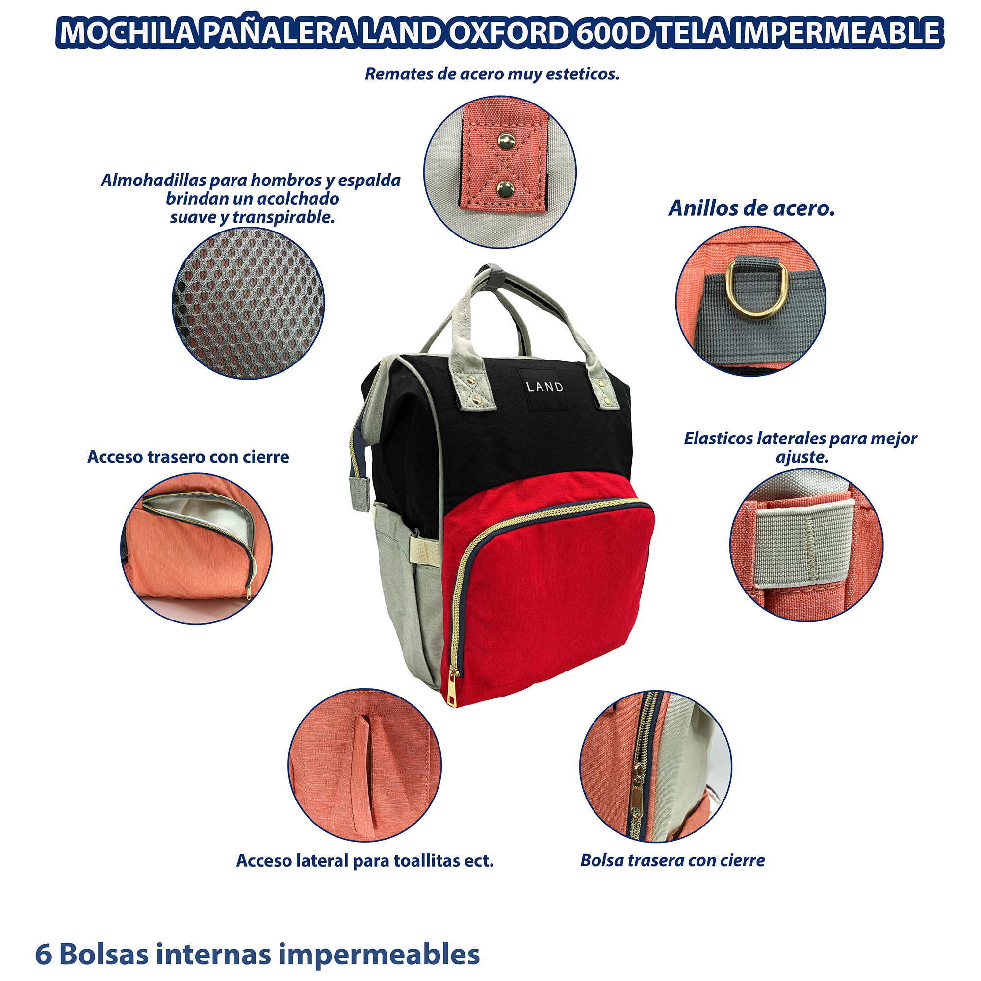 Foto 3 pulgar | Mochila Pañalera Land Moderna Practica Bebes Térmica Oxford Negro Rojo