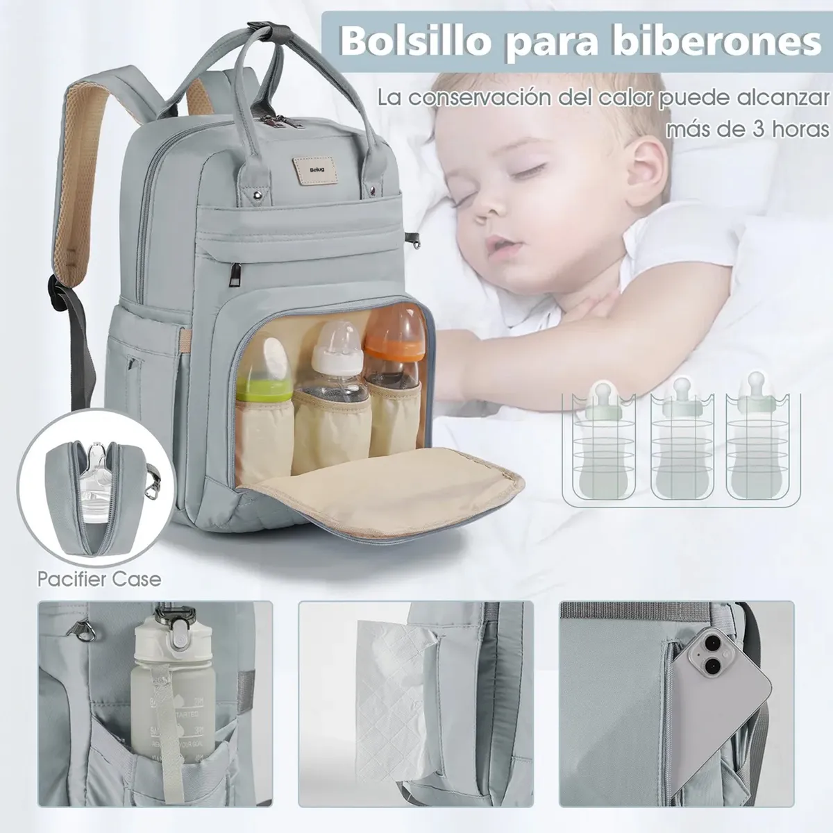Foto 4 pulgar | Pañalera  Belug Mochila Bebe 7pz Gris Claro