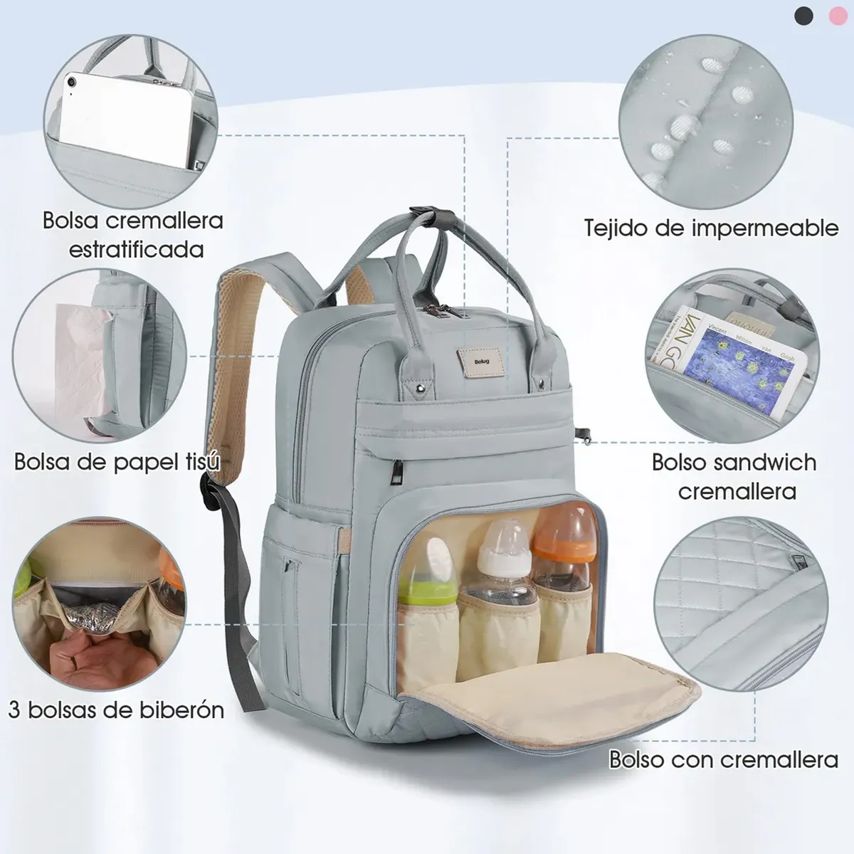 Foto 5 pulgar | Pañalera  Belug Mochila Bebe 7pz Gris Claro