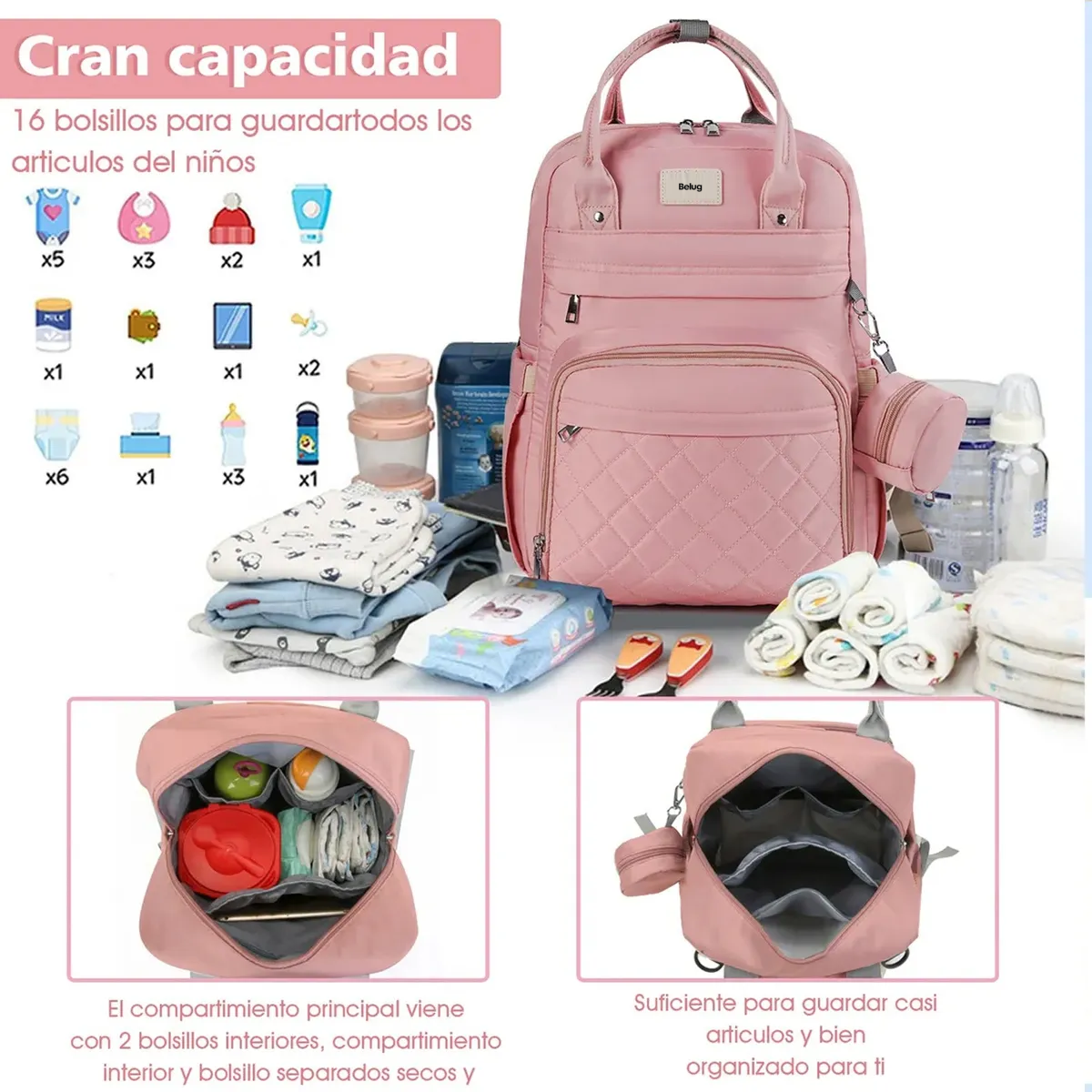 Foto 4 pulgar | Pañalera Belug  Mochila Bebe 7pz Rosa Claro