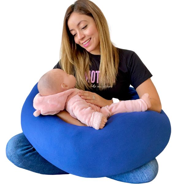 Almohada Cojín Lactancia Amamantar Bebé Mãebaby Antirreflujo Cómodo(azul Tiras Liso)premium Tela Muy Suave Hipoal