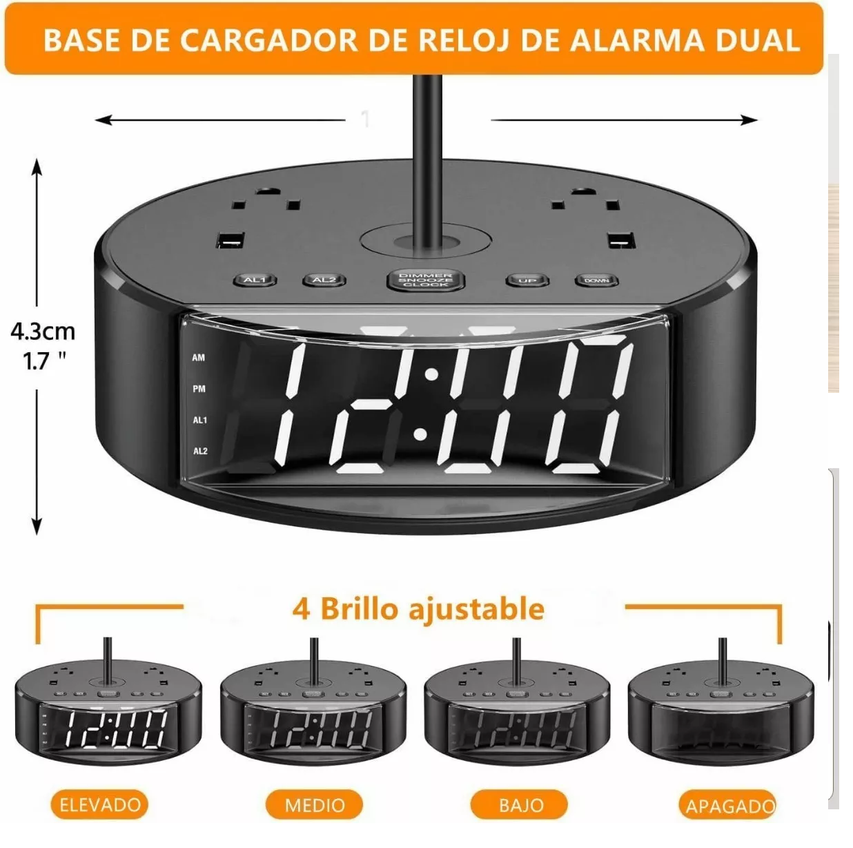 Foto 3 | Lámpara de Mesa BELUG color Gris con Base Negro con Cargador Inalámbrico y Reloj Despertador Redondo