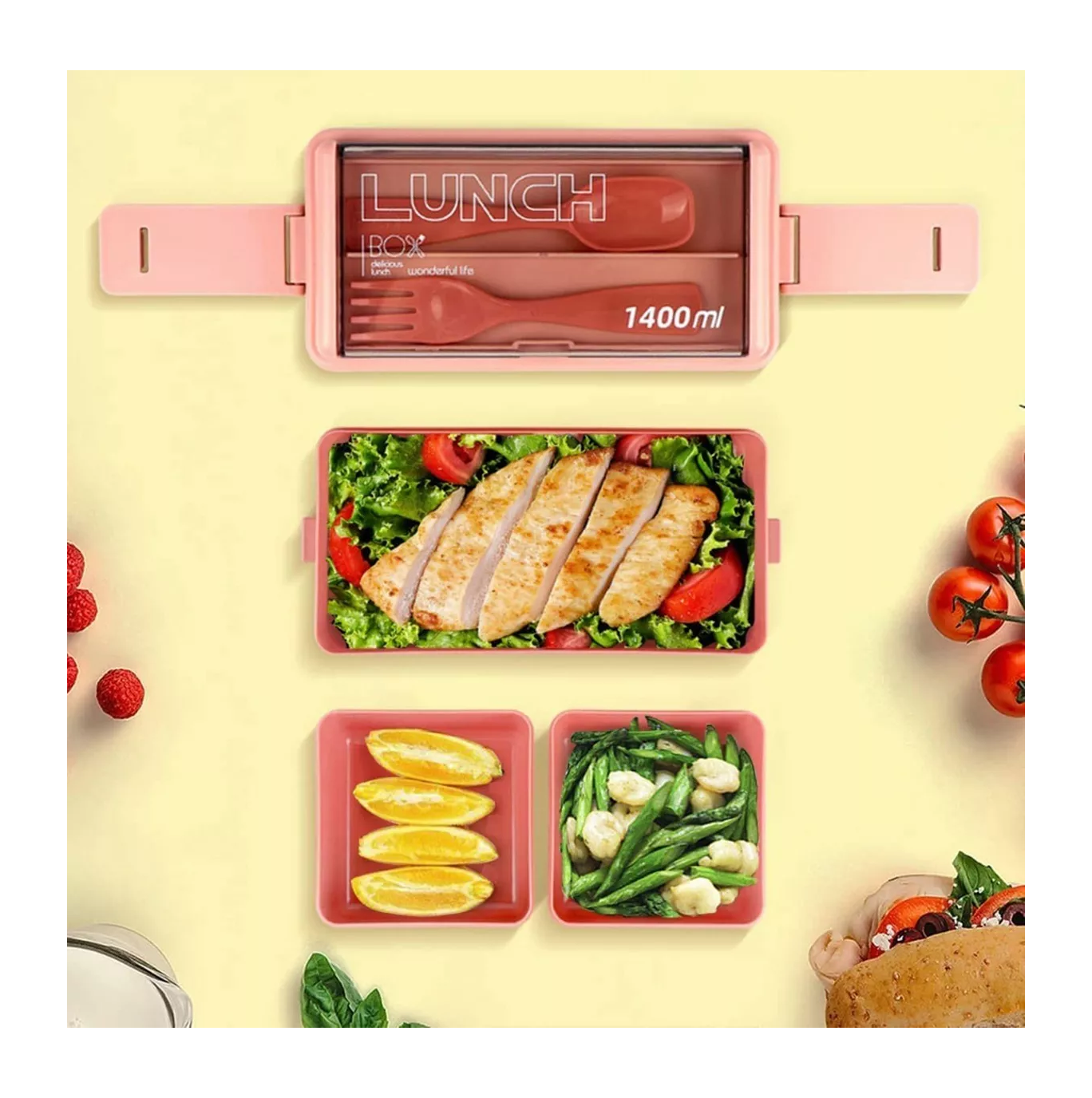 Foto 2 | Lonchera Desmontable Lunch Box 2 Niveles color Rosa con Cubiertos
