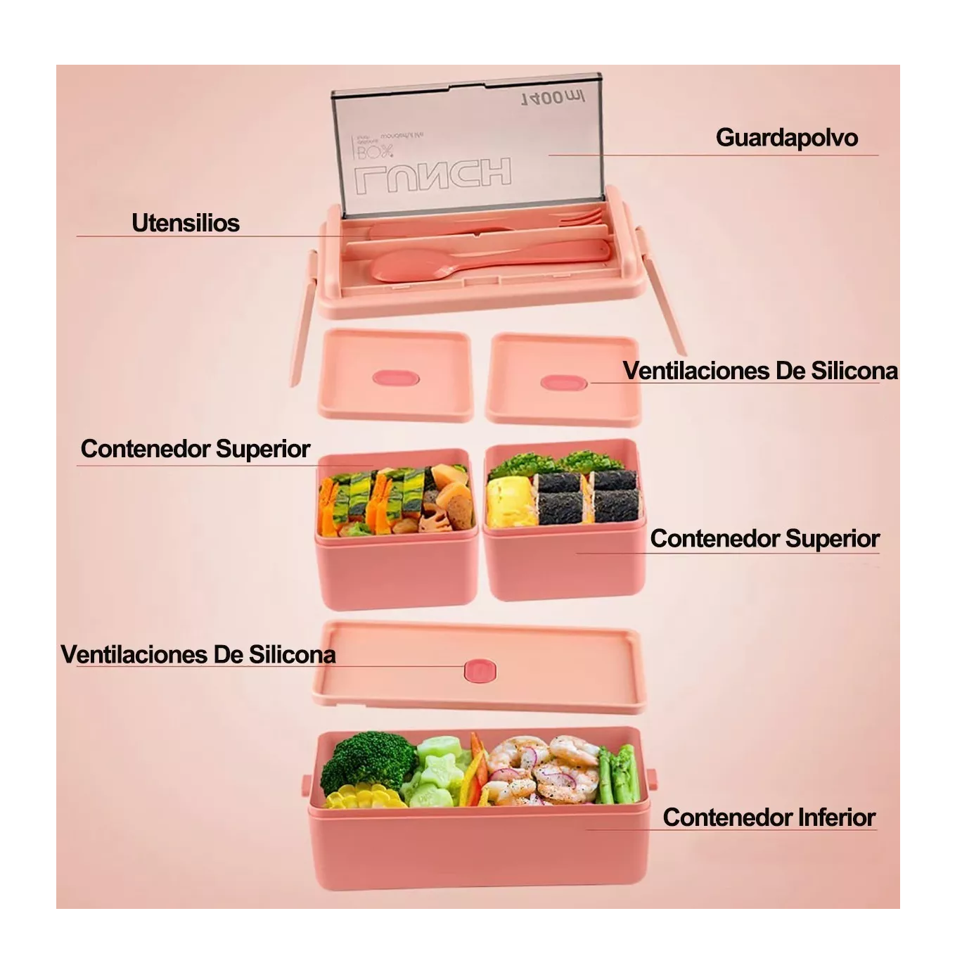 Foto 4 pulgar | Lonchera Desmontable Lunch Box 2 Niveles color Rosa con Cubiertos