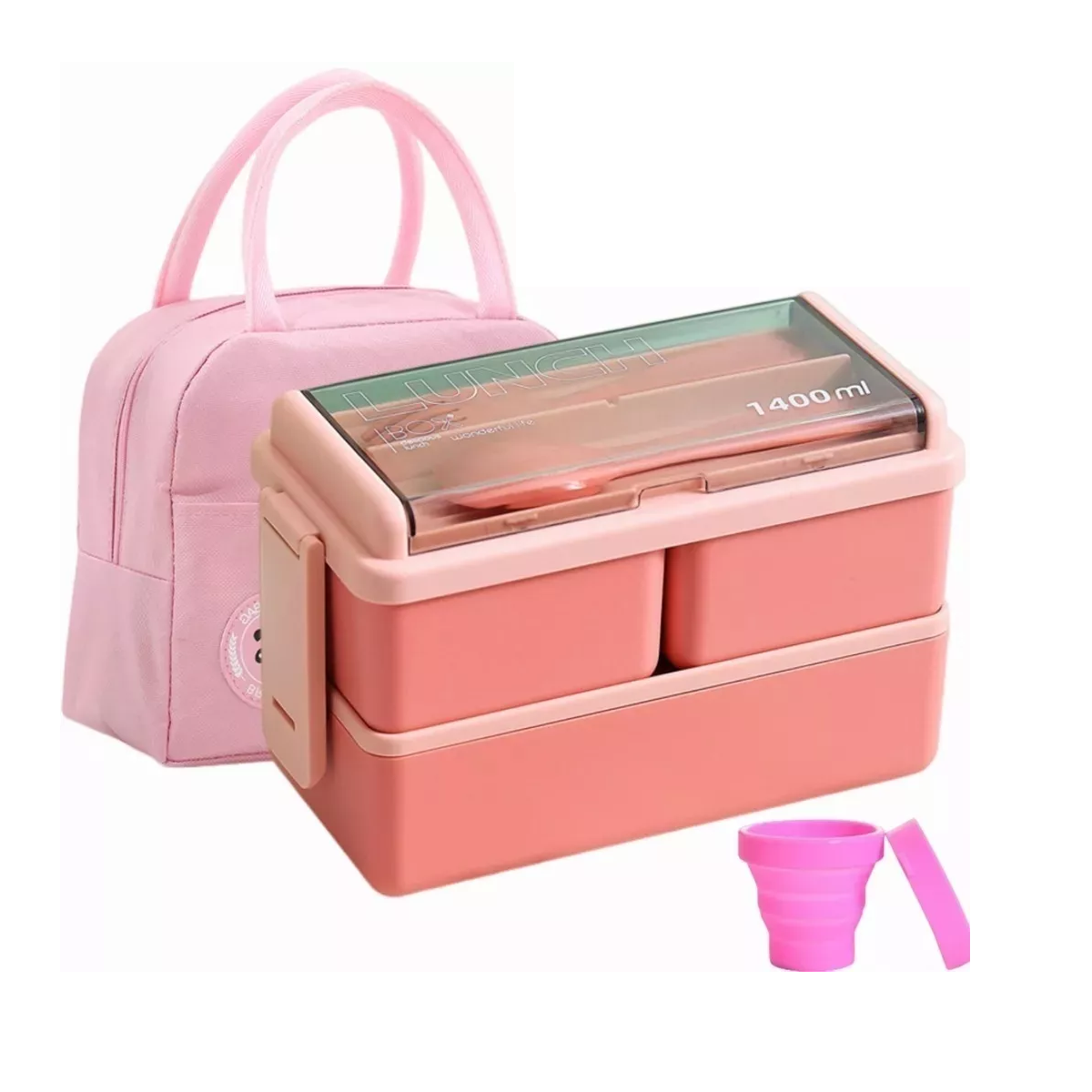 Foto 2 pulgar | Lunch Box 2 Niveles Loncheras Topper 1400ml+ Bolsas+ Taza Eo Safe Imports  Esi-11422  Rosa
