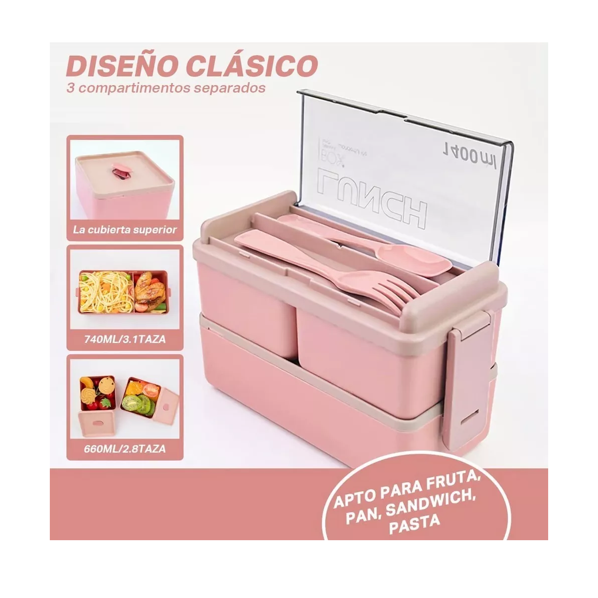 Foto 4 pulgar | Lunch Box 2 Niveles Loncheras Topper 1400ml+ Bolsas+ Taza Eo Safe Imports  Esi-11422  Rosa
