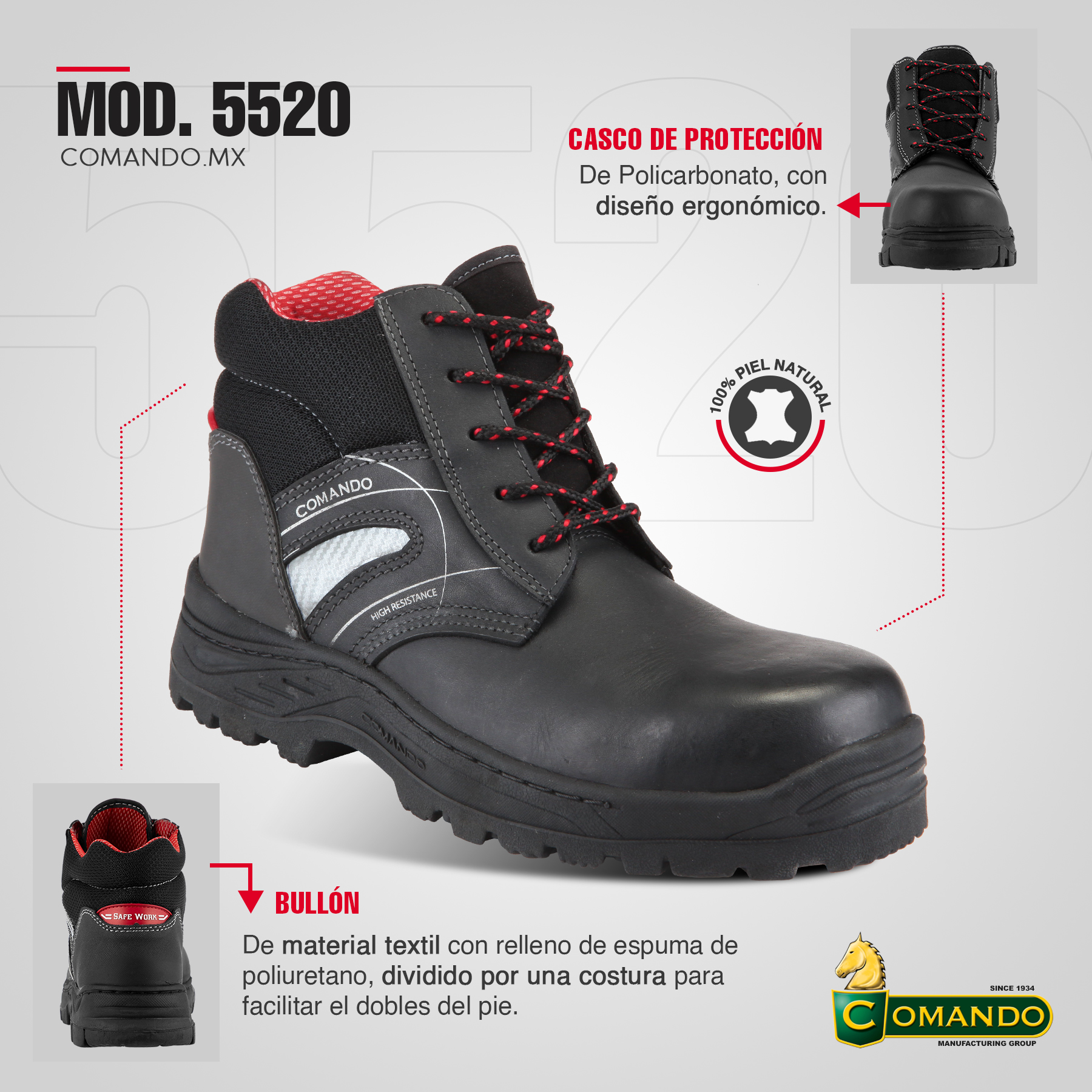 Foto 4 pulgar | Botas De Trabajo Comando Modelo 5520 Ergonomicas Industriales De Piel Con Casco De Seguridad