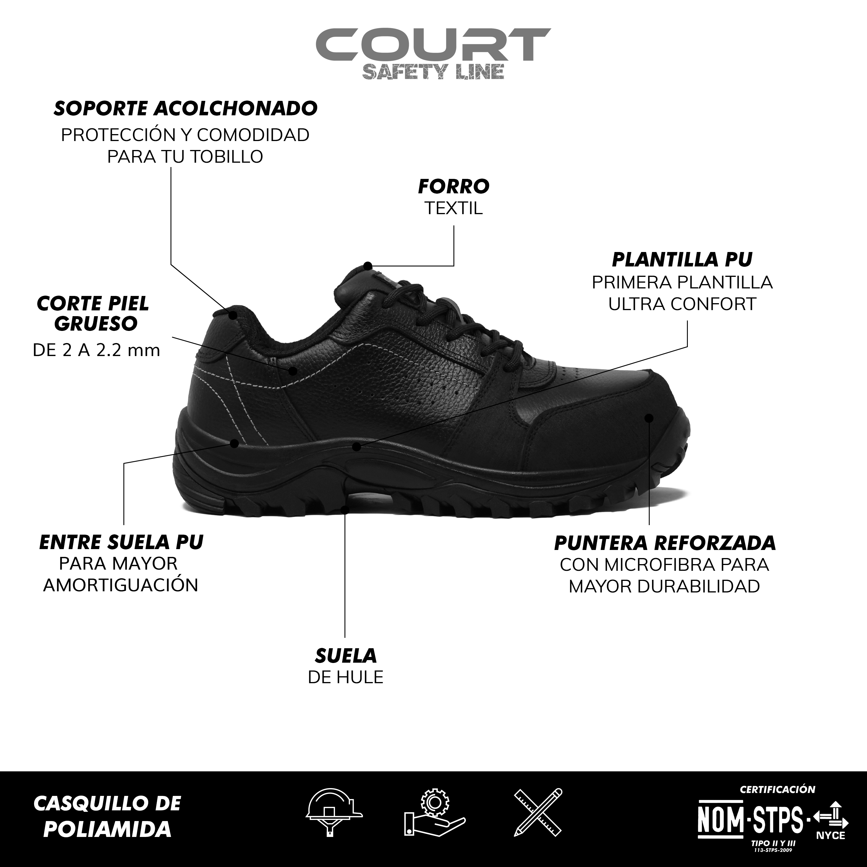 Foto 7 pulgar | Tenis de Seguridad Court Titanium de Piel para Hombre