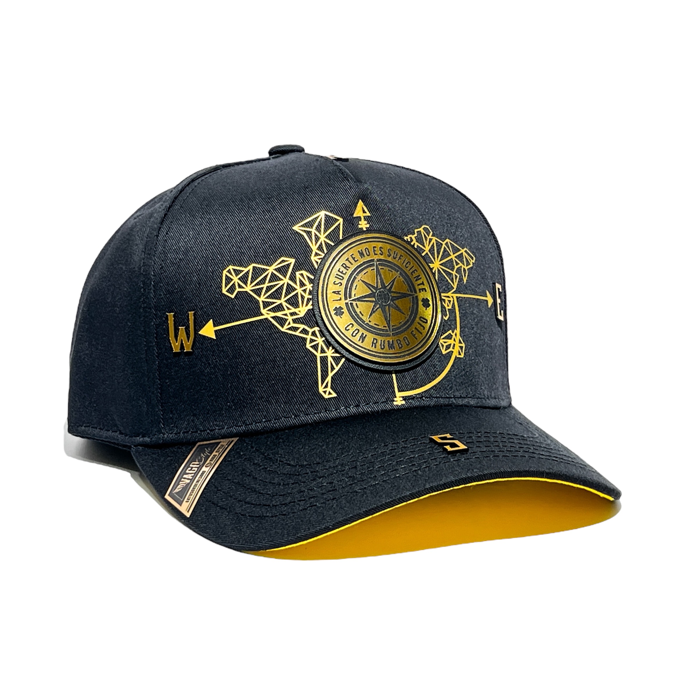 Vago Style Rumbo Fijo Gold Gorra Unica Artesanal Negra Ajustable Con Visera Curva Con Amarillo Bajo Visera