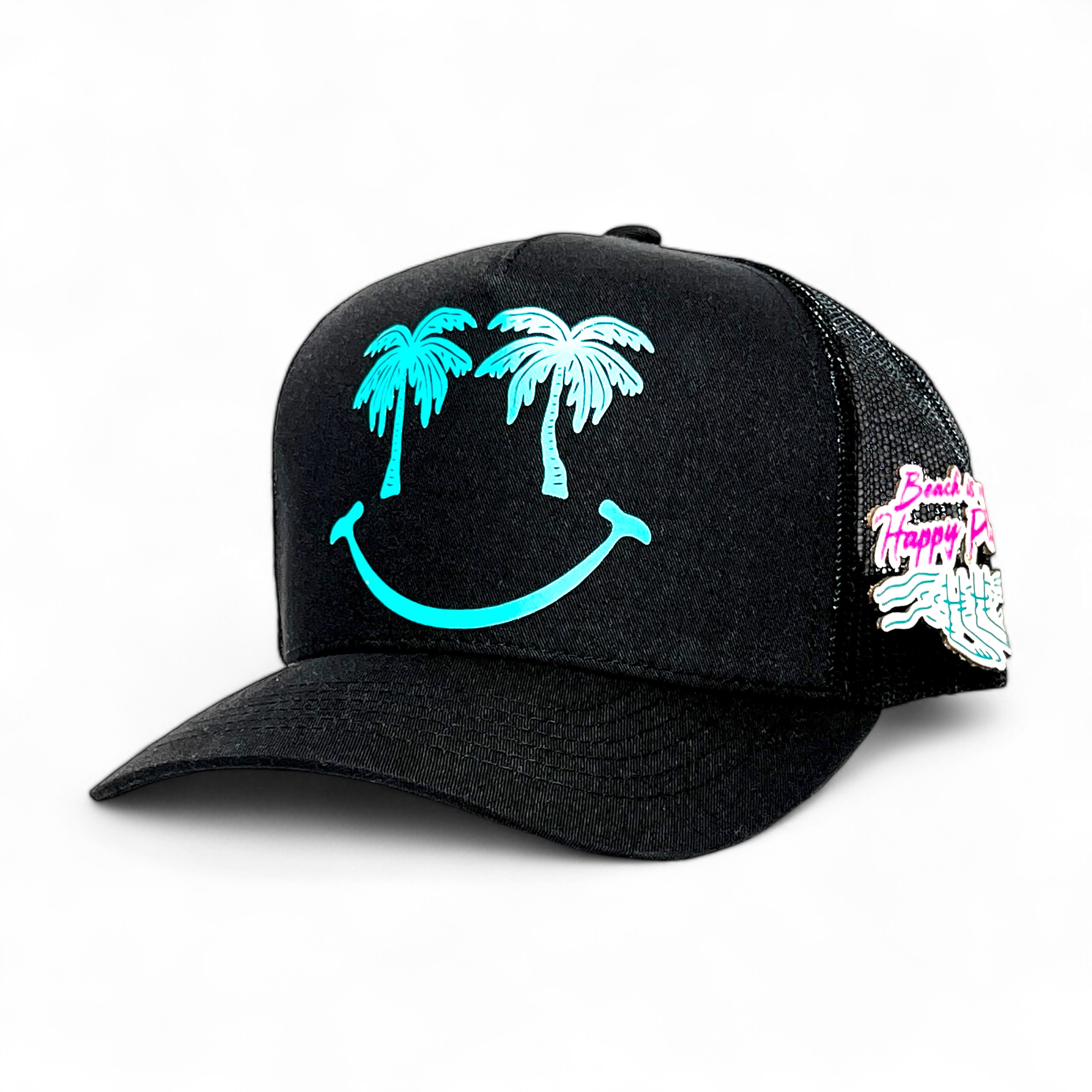 Vago Style Happy Place Gorra Unica Artesanal Negra Ajustable De Malla Con Visera Curva