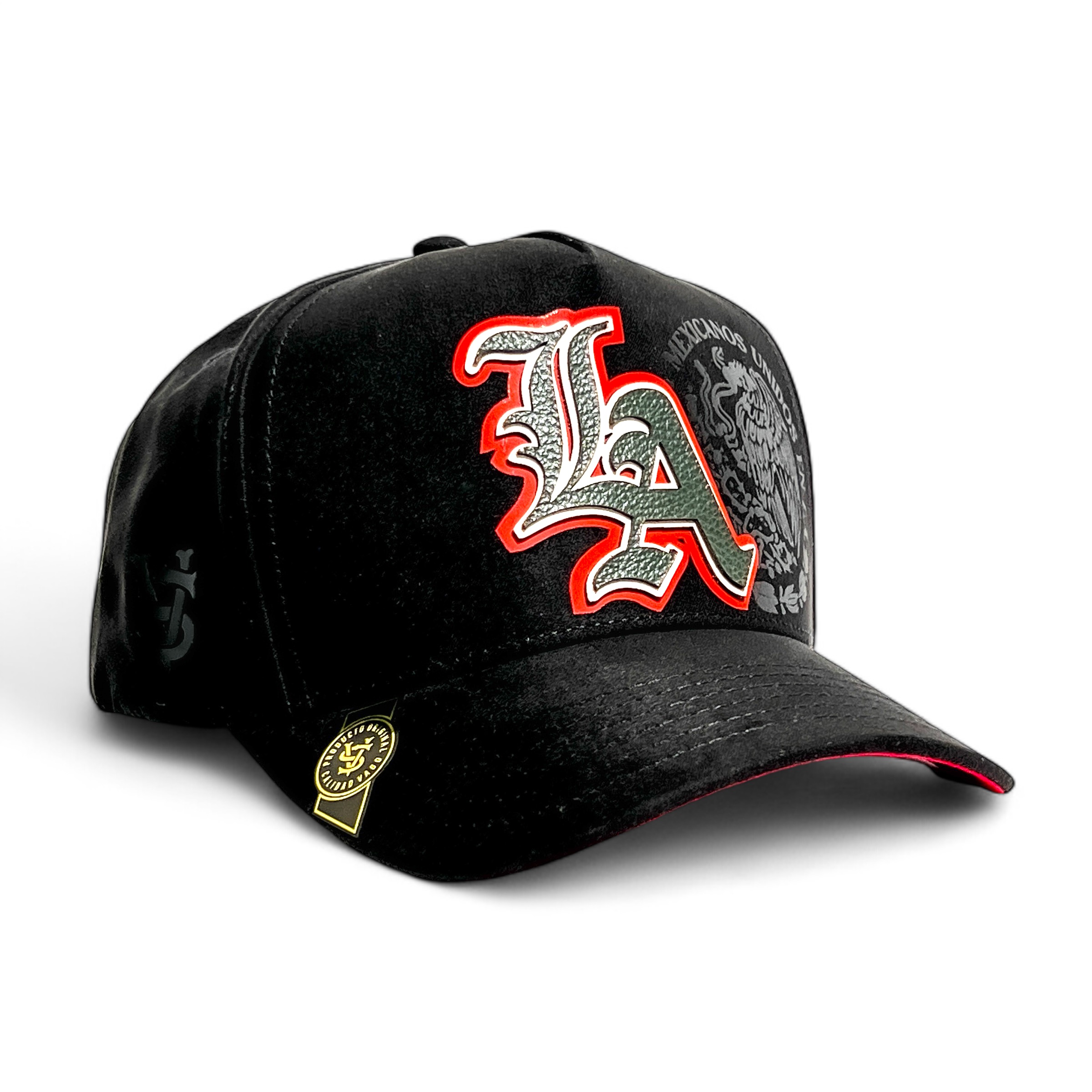 Foto 2 pulgar | Vago Style La Mx Gorra Unica Artesanal Negra De Gamuza Ajustable Con Visera Curva Con Rojo Bajo Visera