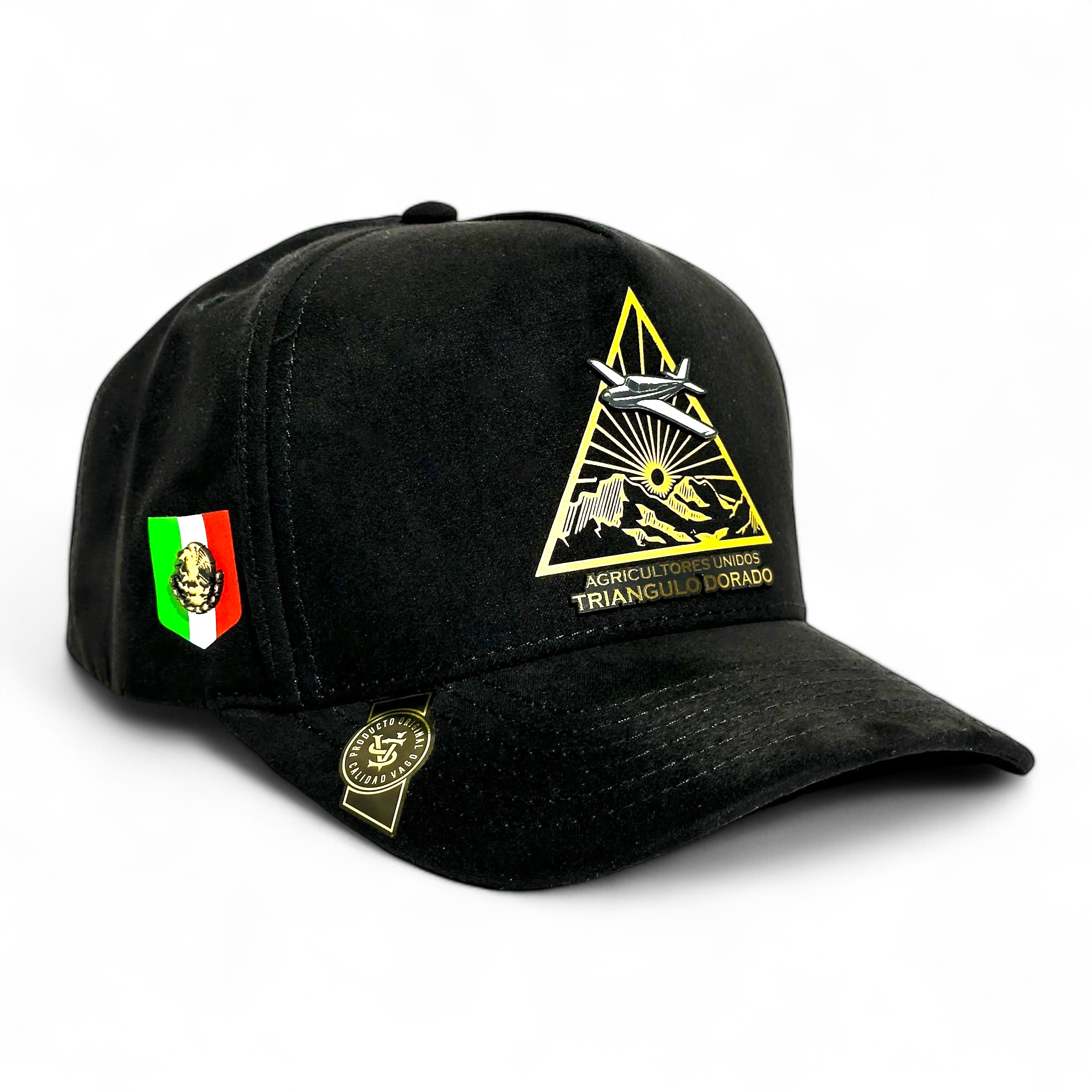 Foto 2 pulgar | Vago Style Triangulo Dorado Gorra Unica Artesanal Negra De Gamuza Ajustable Con Visera Curva