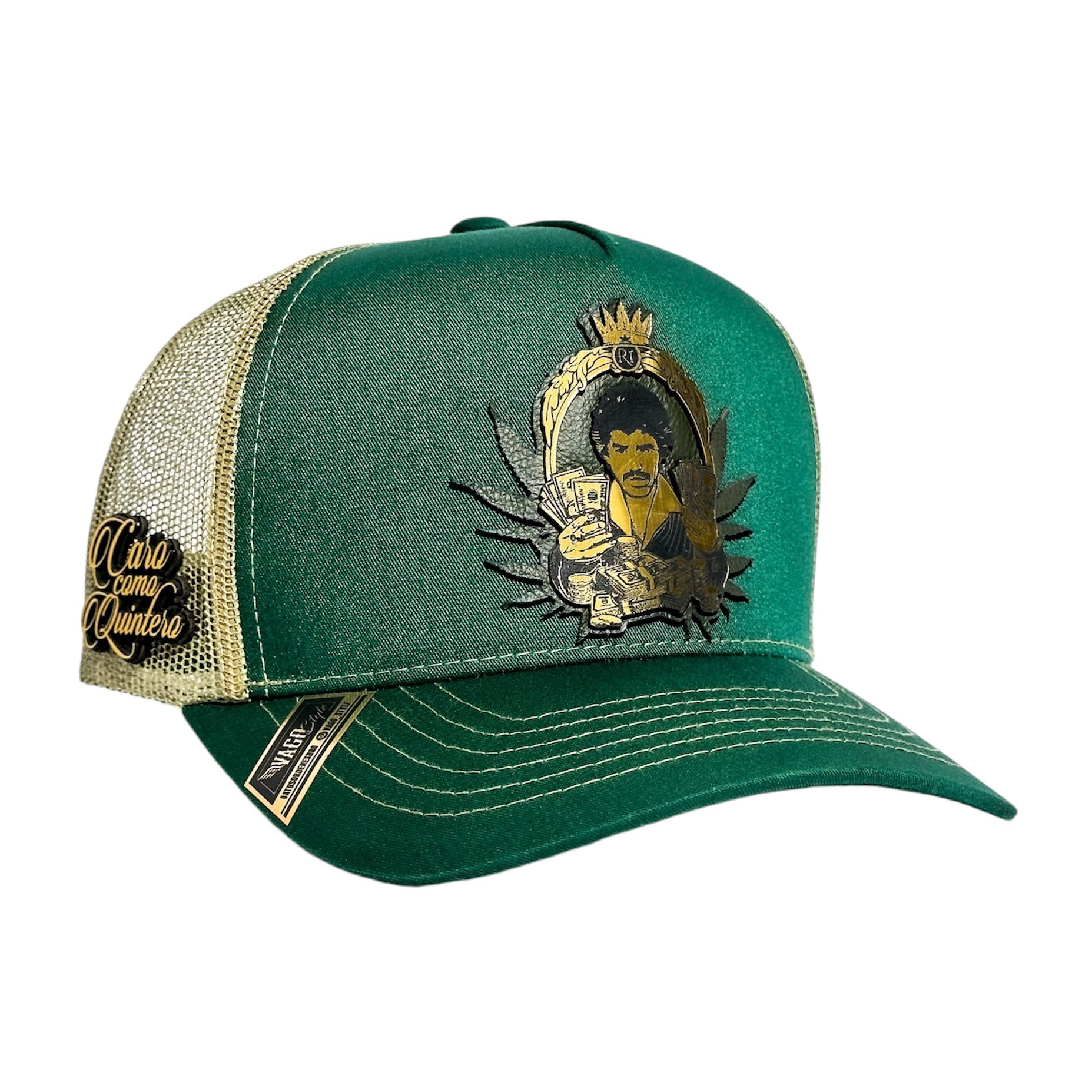 Vago Style Caro Como Quintero Gorra Unica Artesanal Verde Obscuro Y Malla Dorada Ajustable Con Visera Curva