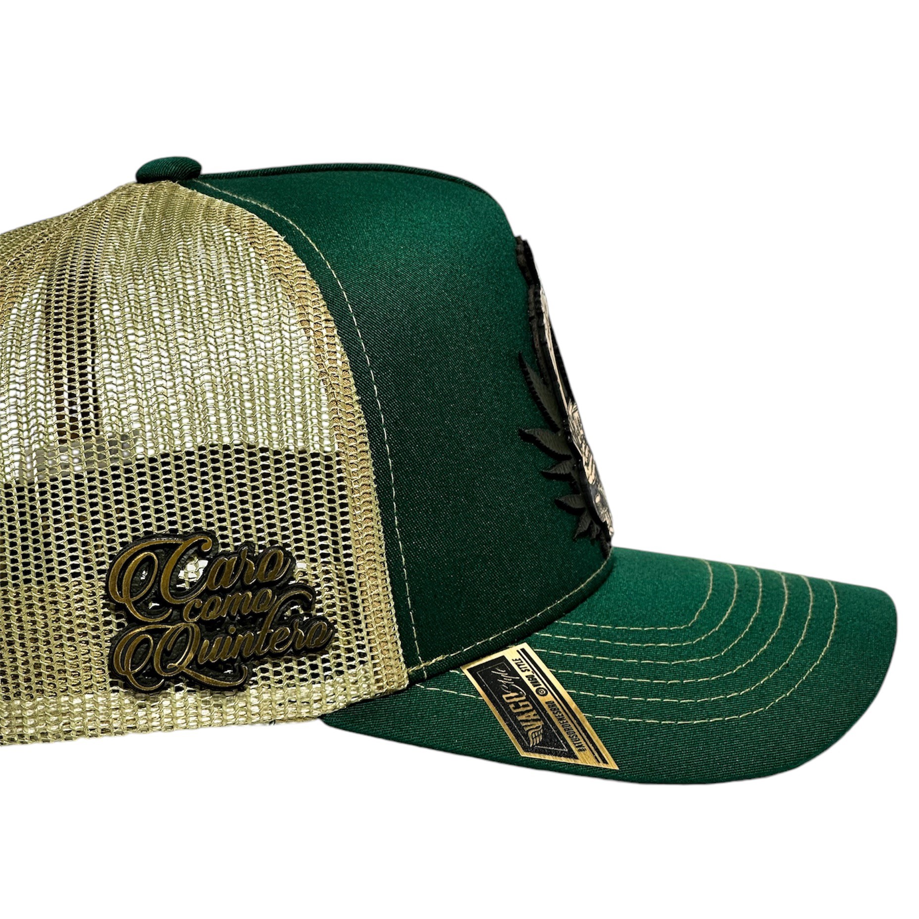 Foto 6 pulgar | Vago Style Caro Como Quintero Gorra Unica Artesanal Verde Obscuro Y Malla Dorada Ajustable Con Visera Curva