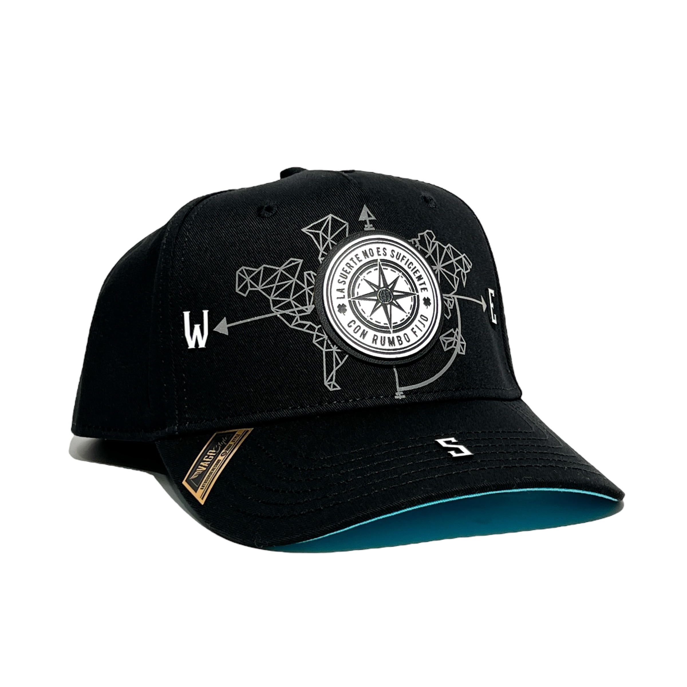 Vago Style Rumbo Fijo White Gorra Unica Artesanal Negra Ajustable Con Visera Curva Con Azul Cielo Bajo Visera