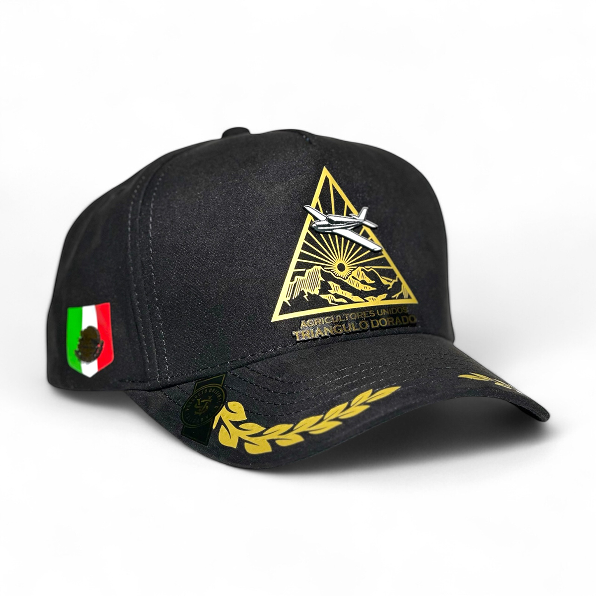 Foto 2 pulgar | Vago Style Gorra Triángulo Dorado Snapback Negra Visera Curva De Gamuza