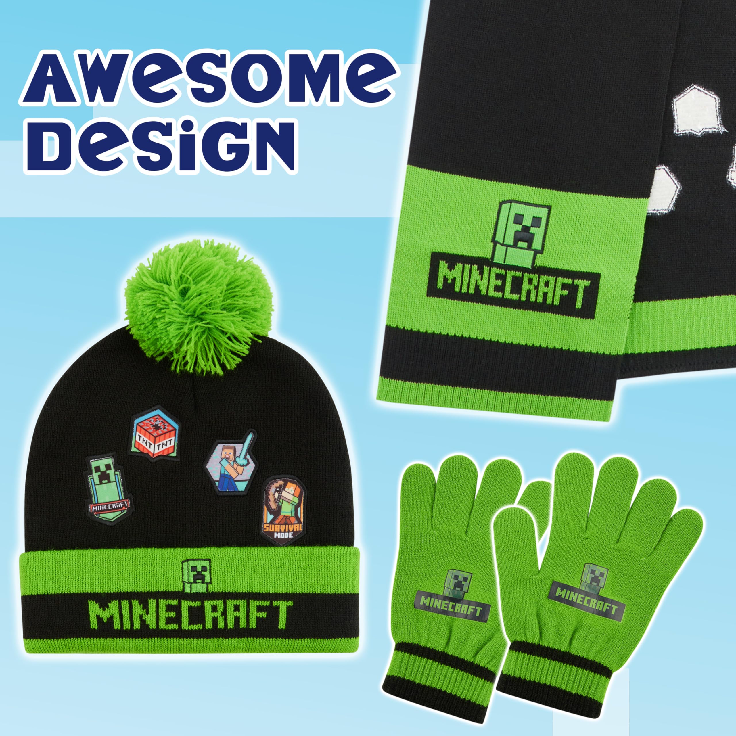 Foto 7 pulgar | Set De Accesorios De Invierno Para Niños De Minecraft: Gorro, Guantes, Bufanda - Venta Internacional.