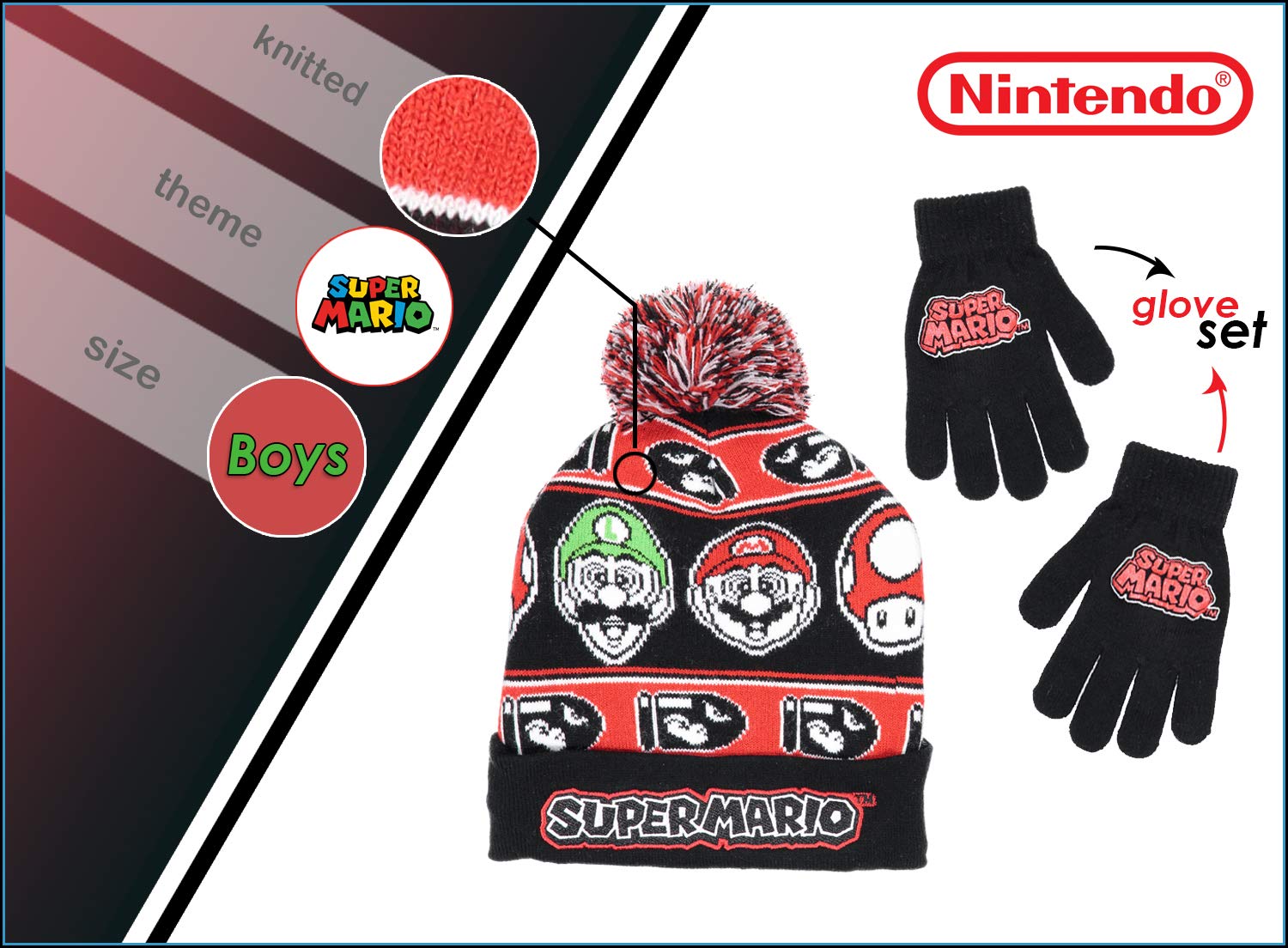 Foto 2 | Set De Gorro Y Guantes De Invierno Nintendo Super Mario Para Niños - Venta Internacional.