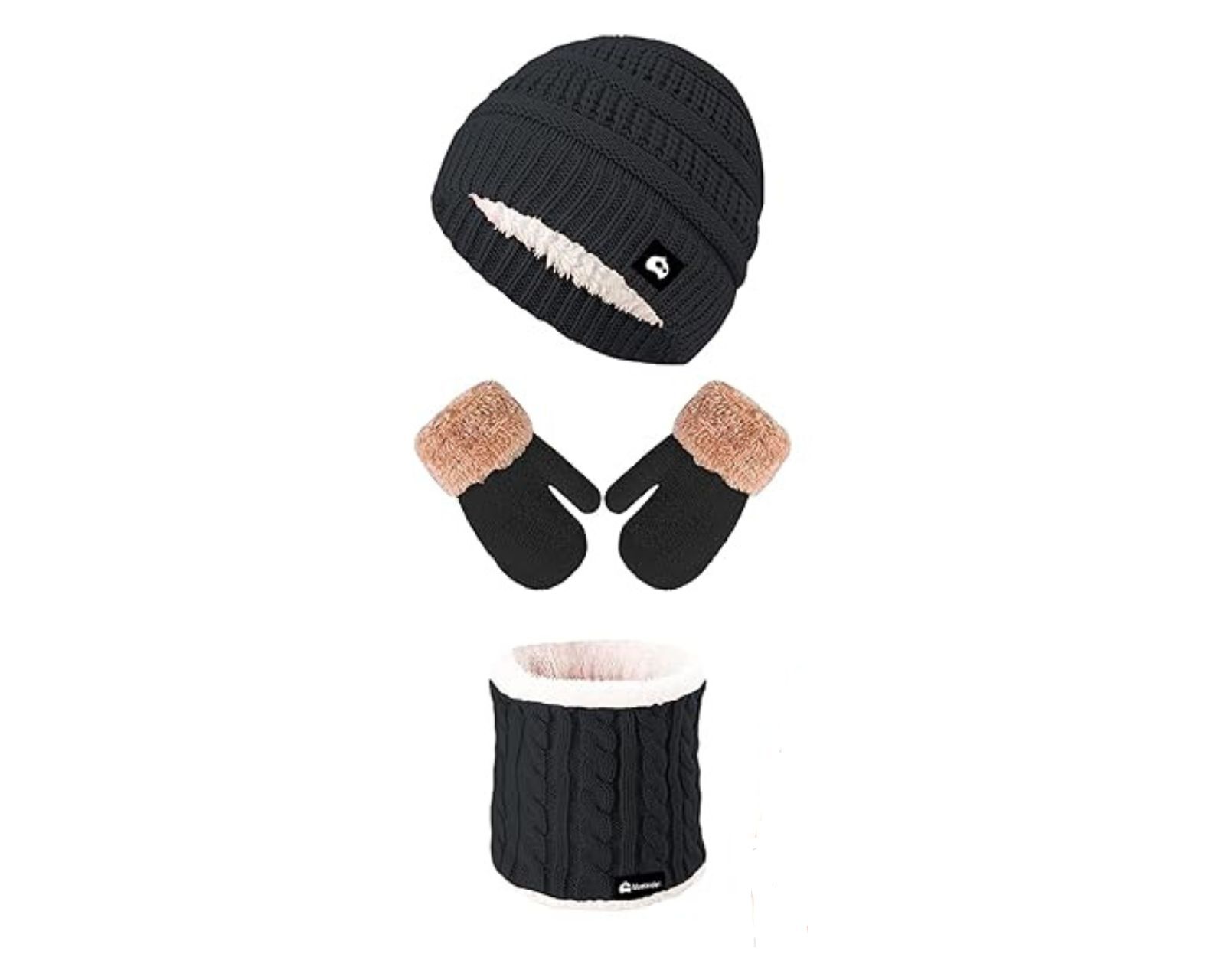 Juego de Gorro + Bufanda + Guantes de Invierno Bluelander Negros para Niños 3 Piezas