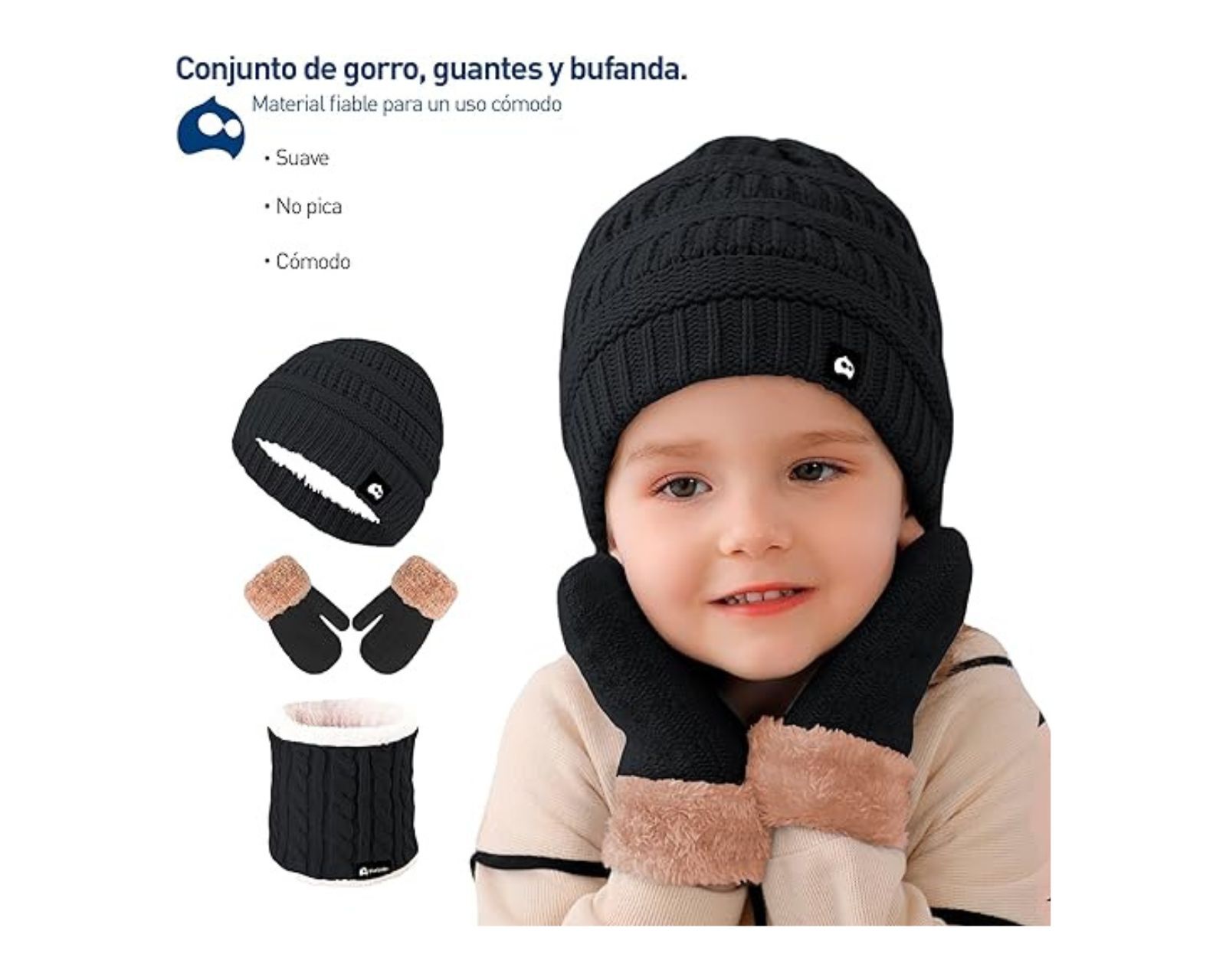 Foto 4 | Juego de Gorro + Bufanda + Guantes de Invierno Bluelander Negros para Niños 3 Piezas