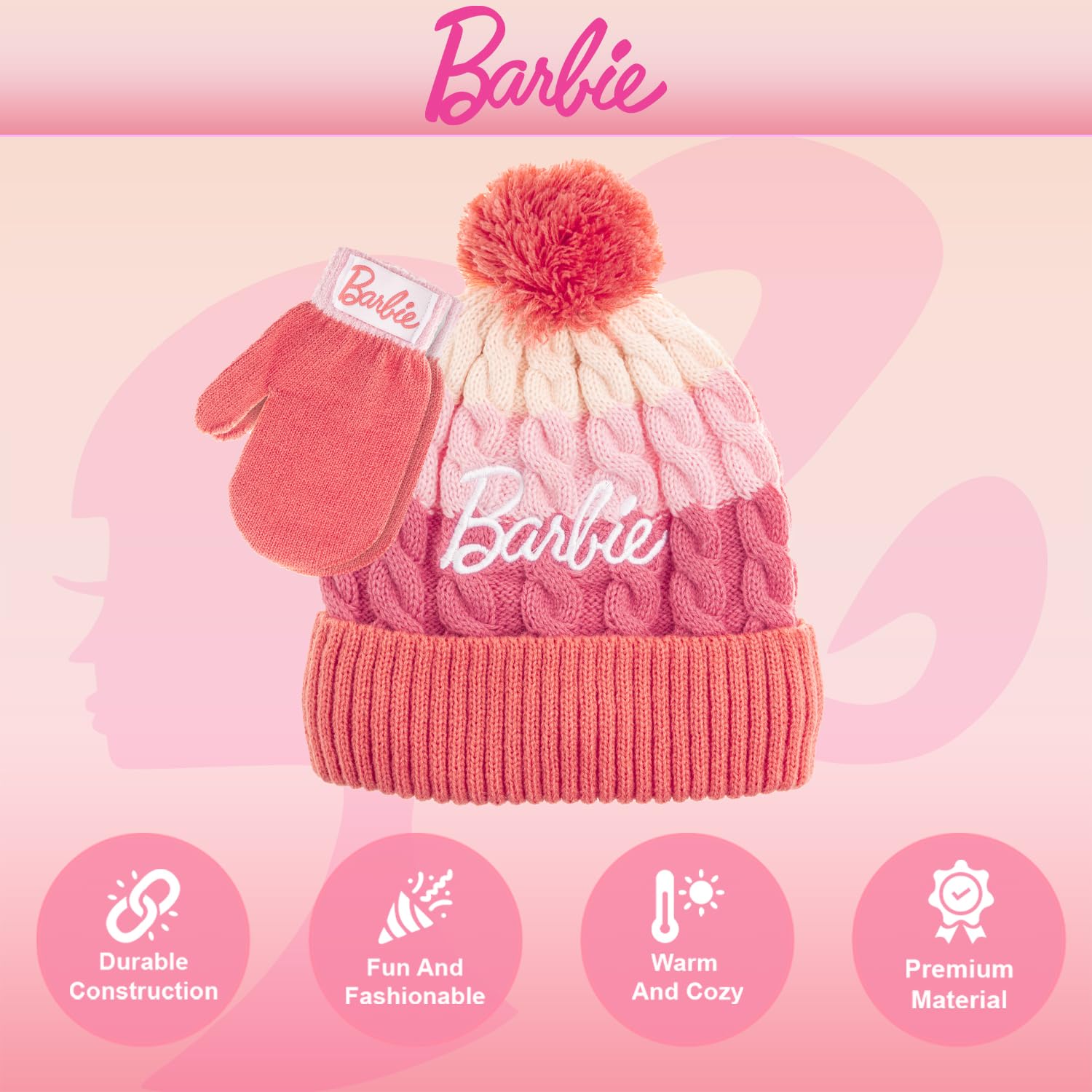 Foto 4 pulgar | Gorro De Invierno Con Guantes Barbie Girls Ultra Soft Pink 5-13y - Venta Internacional.