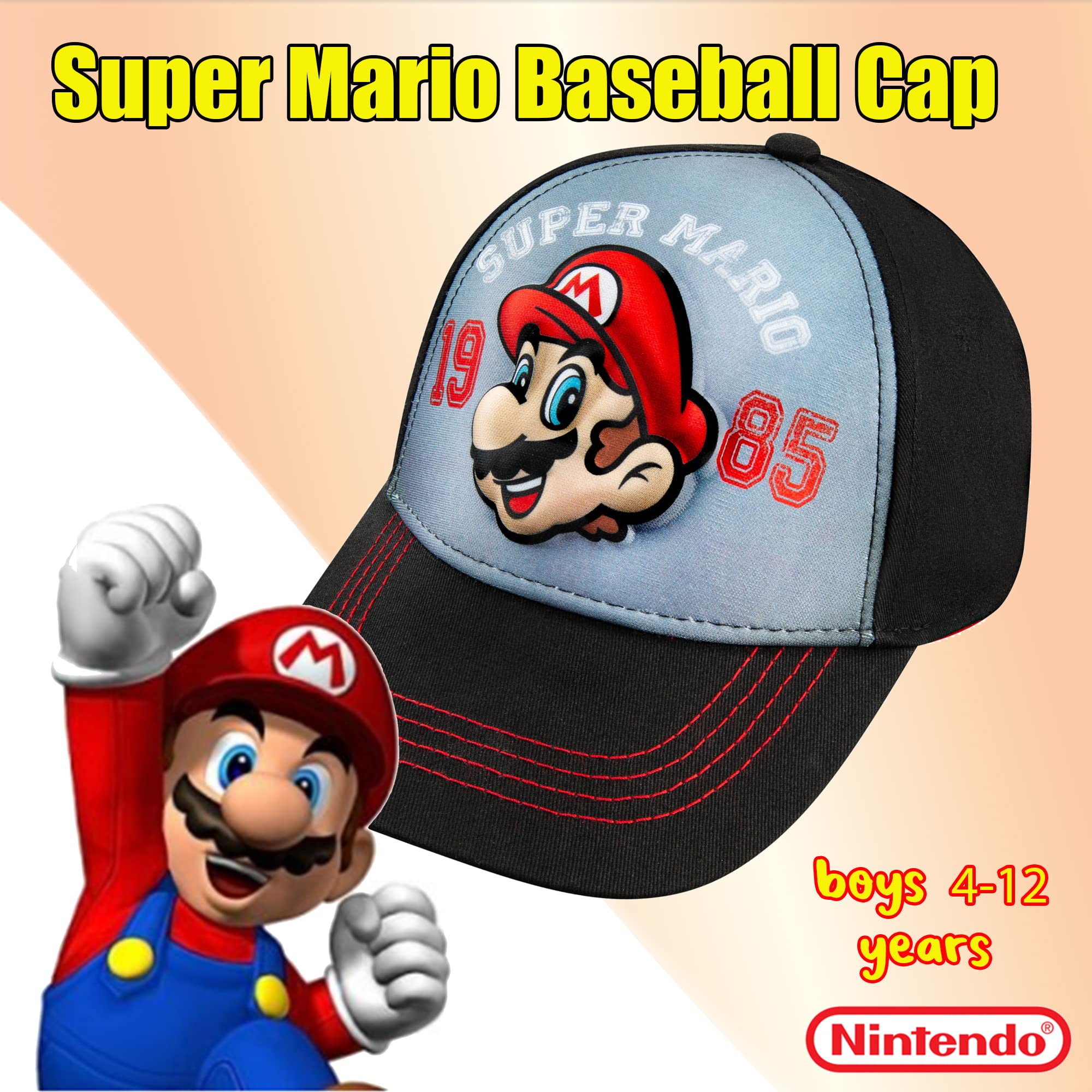 Foto 2 | Gorra De Béisbol Nintendo Super Mario Negro/roja Para Niños De 4 A 12 Años - Venta Internacional.