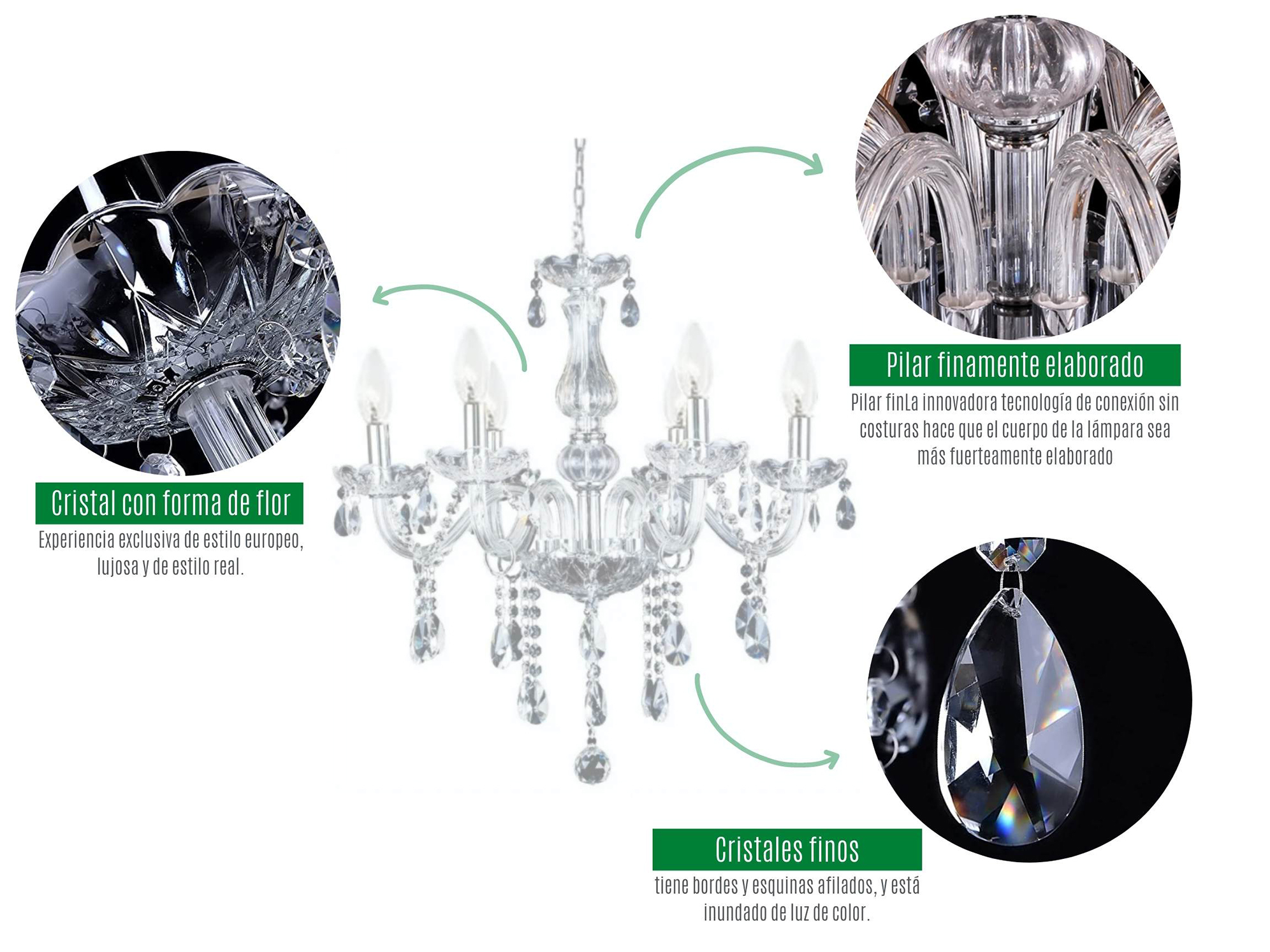 Foto 3 | Candelabro de Cristal Iliosinnova Transparente 6 Focos Estilo Europeo