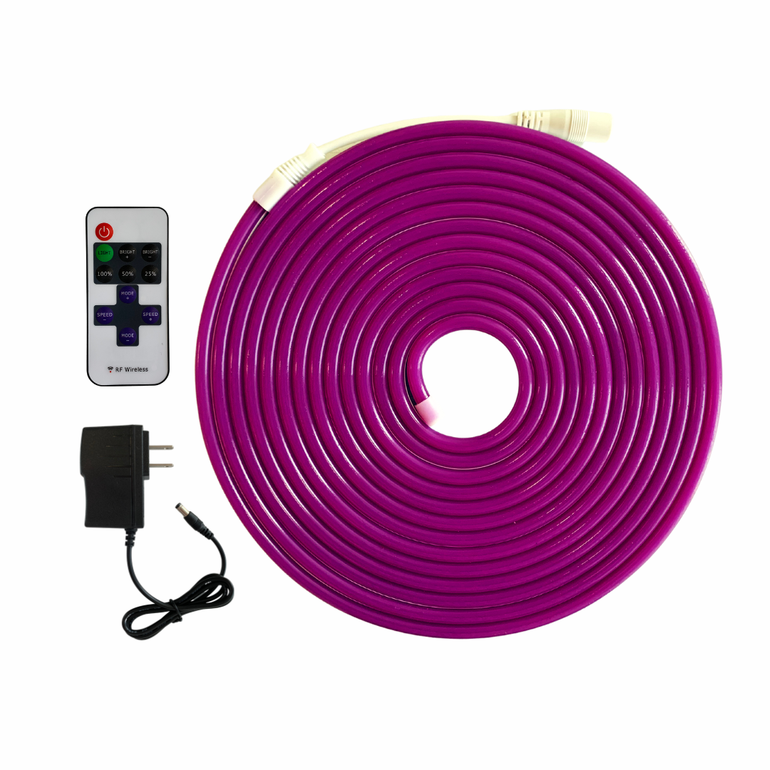 Tira De Led Neon De 5 Metros Morada Unicolor Con Eliminador Y Control Remoto.