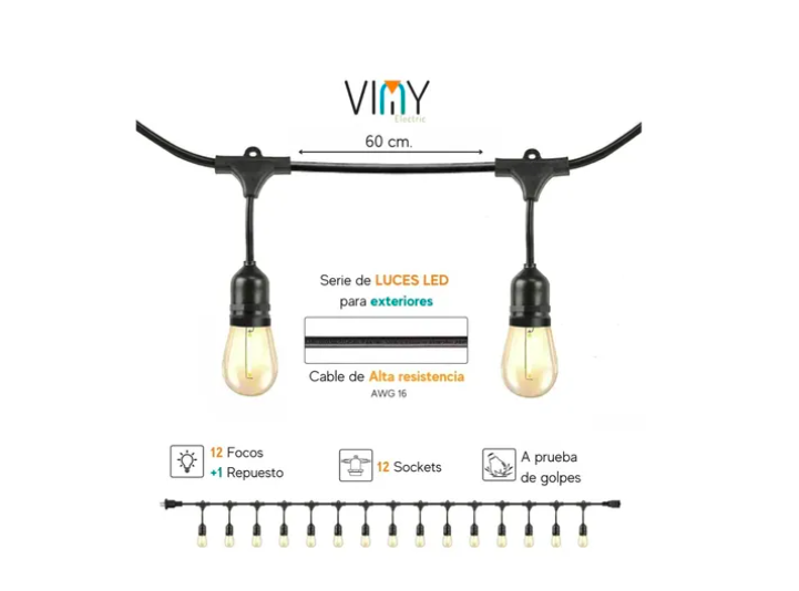 Foto 2 | Serie Luces Viny Led Estilo Guirnalda 7.5 Mts 12 Focos Exterior Vintage