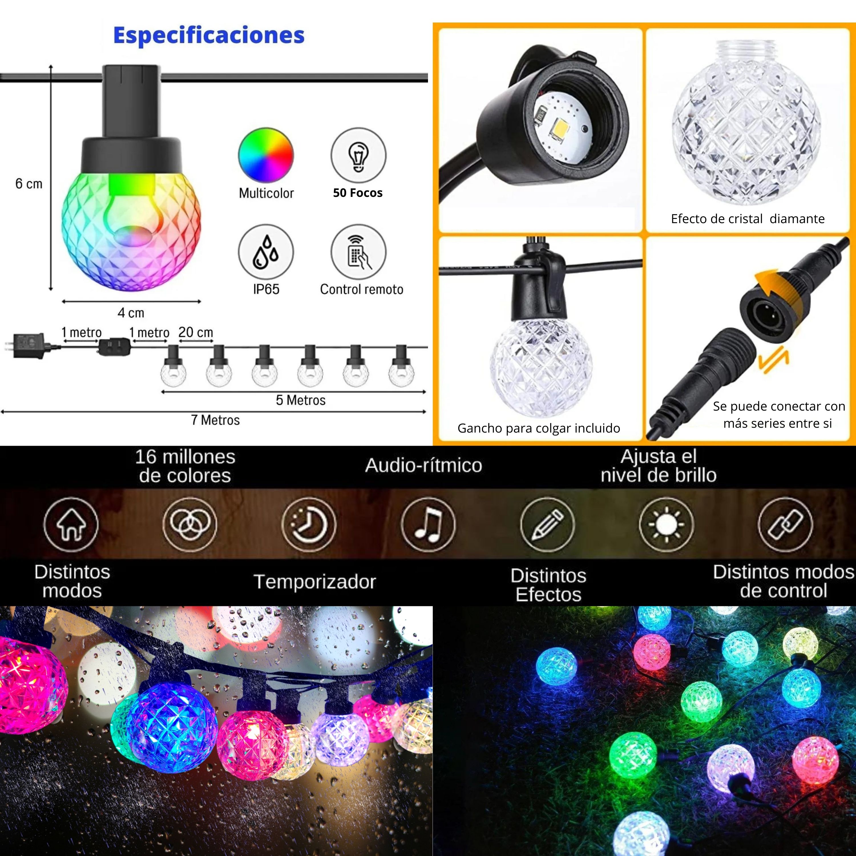 Foto 4 pulgar | Serie de 50 Focos Dosyu BWSL12 LED Multicolor RGB IC Hub Smart Bluetooth con App Audiorítmica 10 M