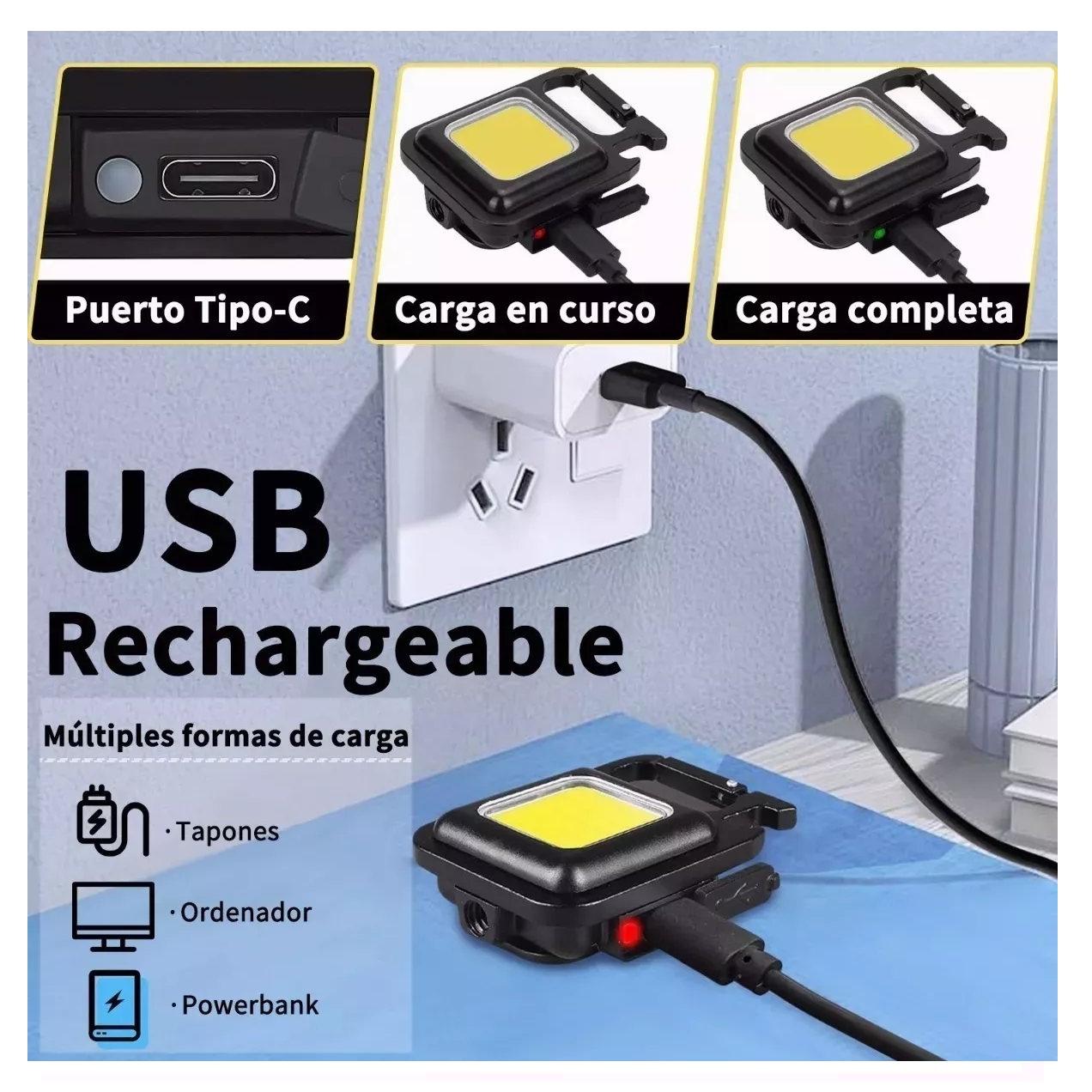 Foto 5 | Mini Linterna LED BELUG Llavero Lámpara de Mano USB Recargable Negro