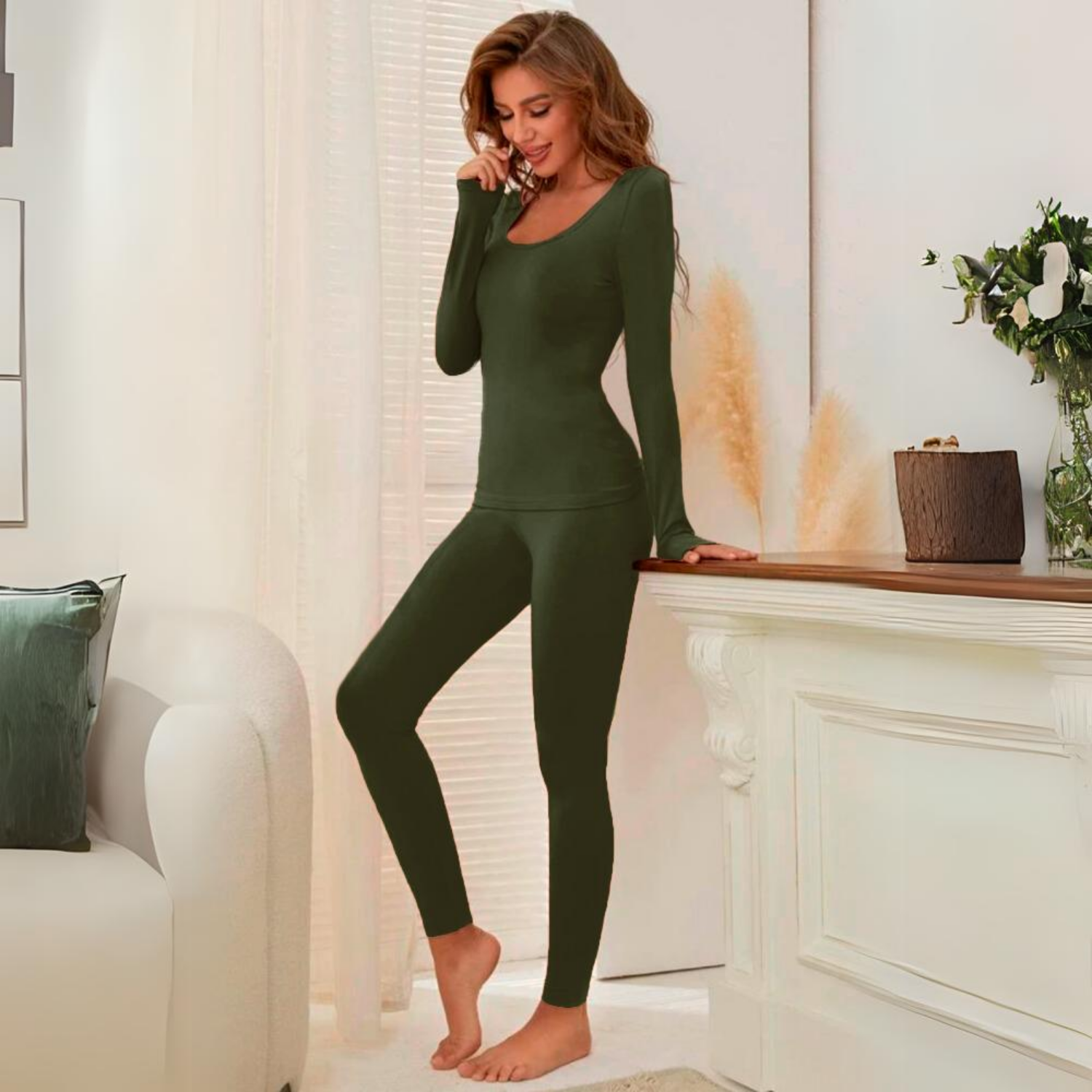 Foto 5 pulgar | Conjunto Térmico Afelpado para Mujer Verde Olivo