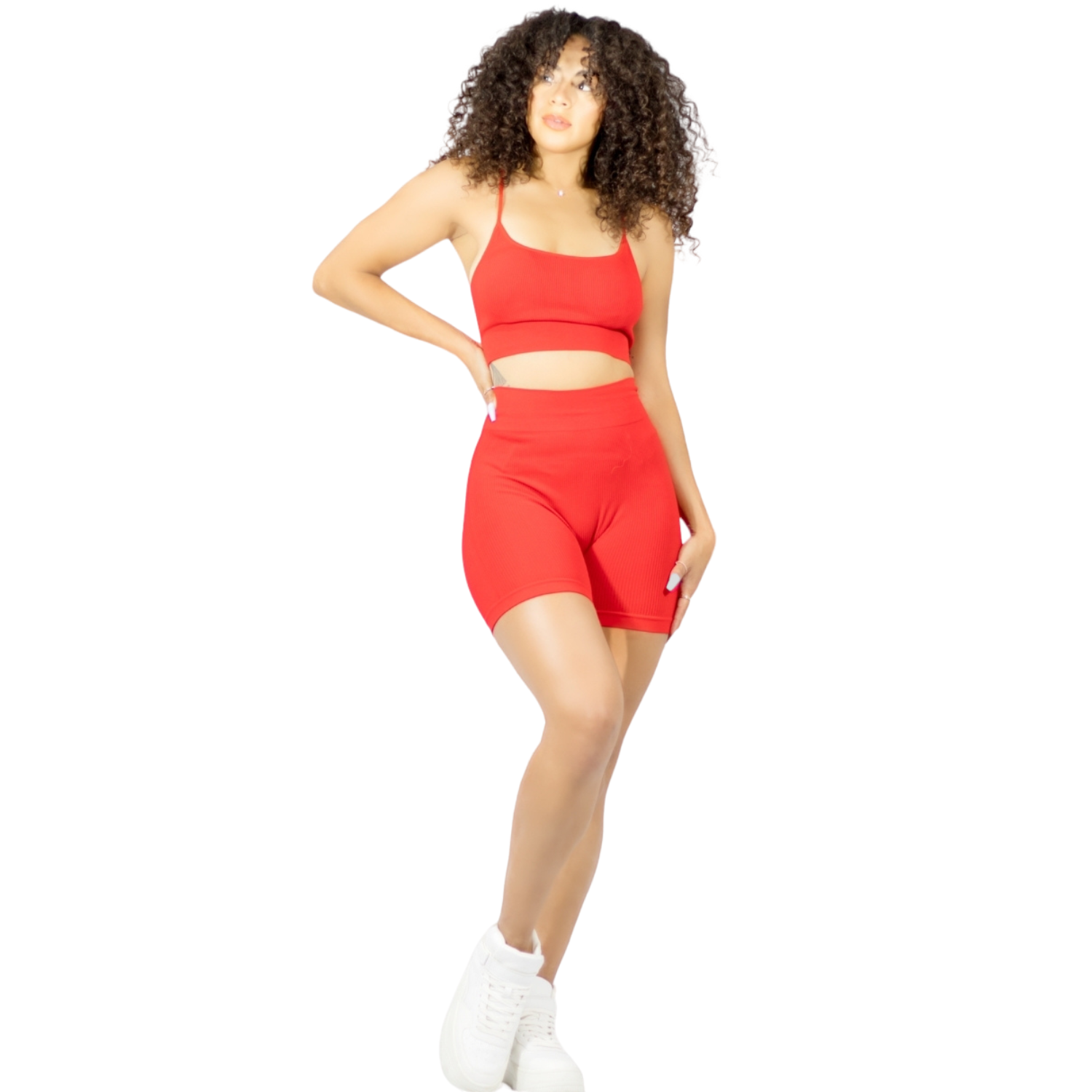 Conjunto Deportivo para Mujer Short Biker y Top Rojo con Corte Colombiano Push Up Rojo