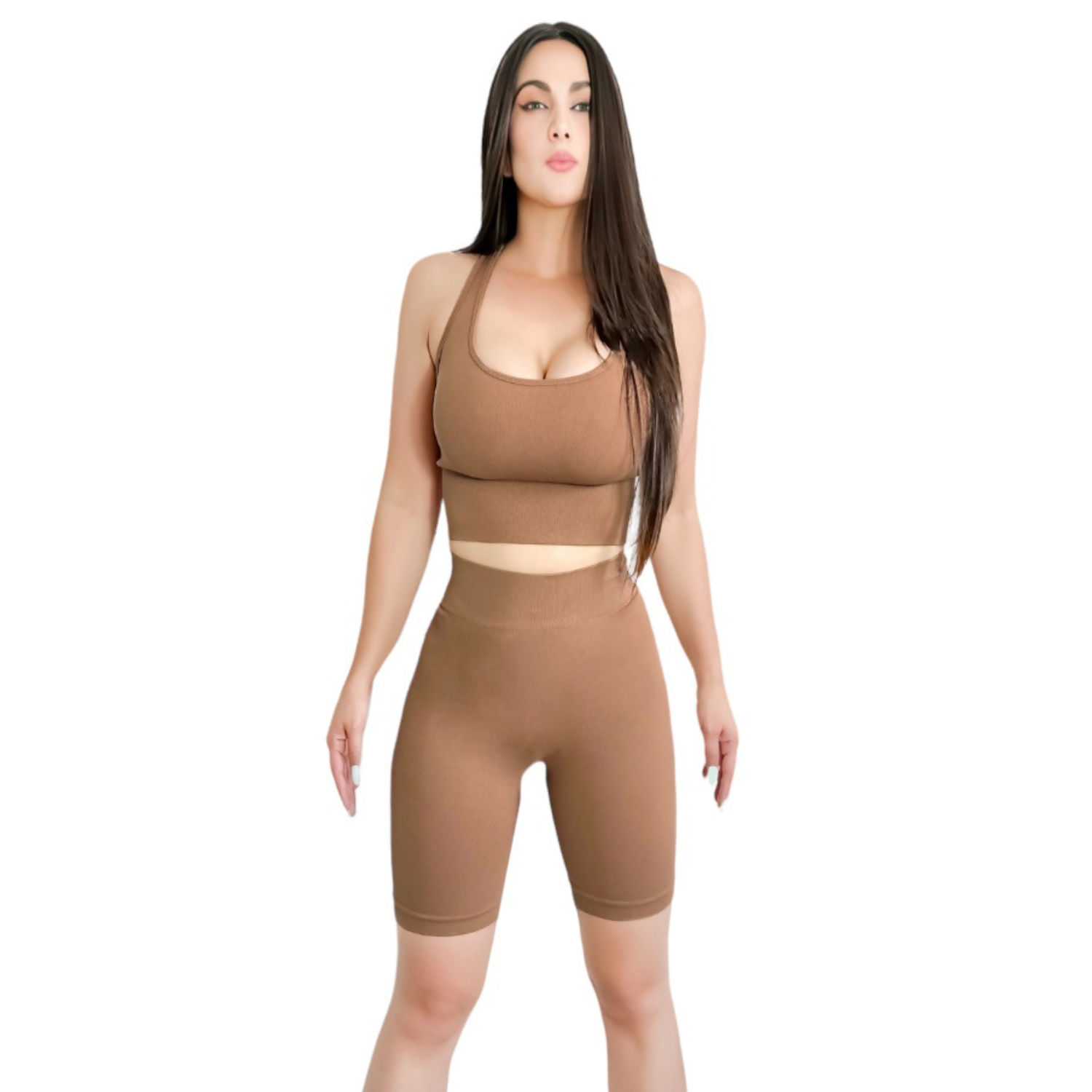 Conjunto Deportivo Short y Top Conj-056 Café Claro con Copas de Mujer