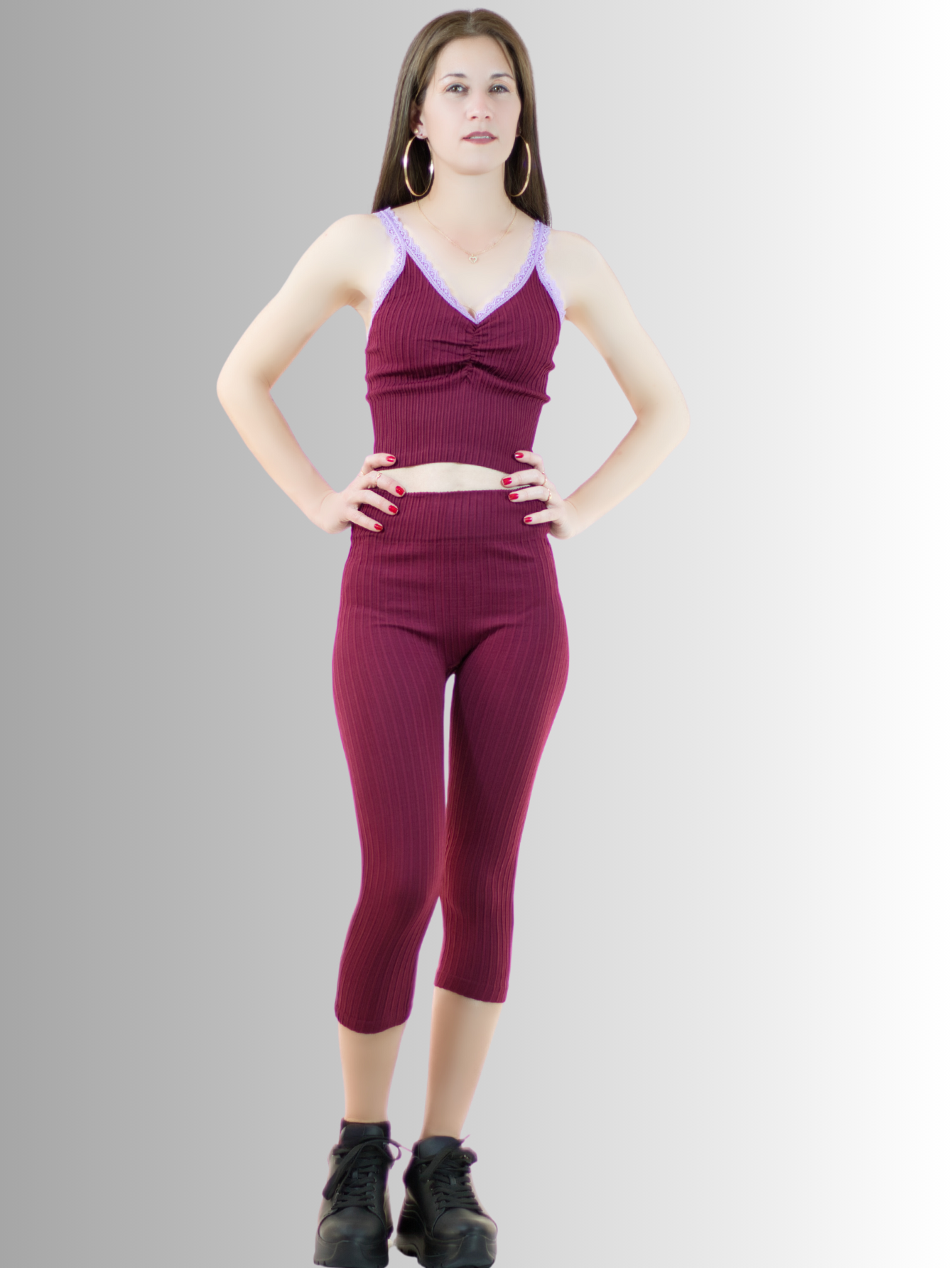 Foto 4 pulgar | Set De Cabri Y Blusa Stretch Conj-060 Vino Para Mujer