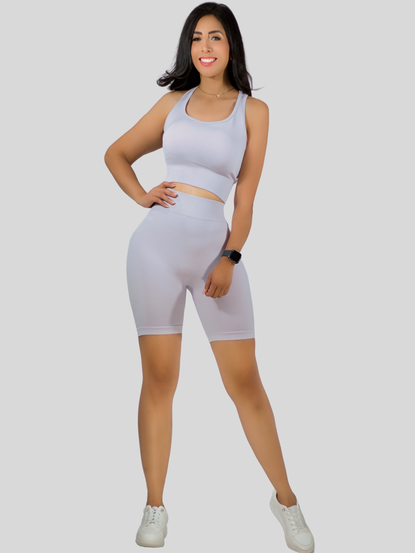 Foto 5 pulgar | Conjunto Deportiva Mujer Short Y Blusa Conj-056 Gris Stretch Fit Push Up