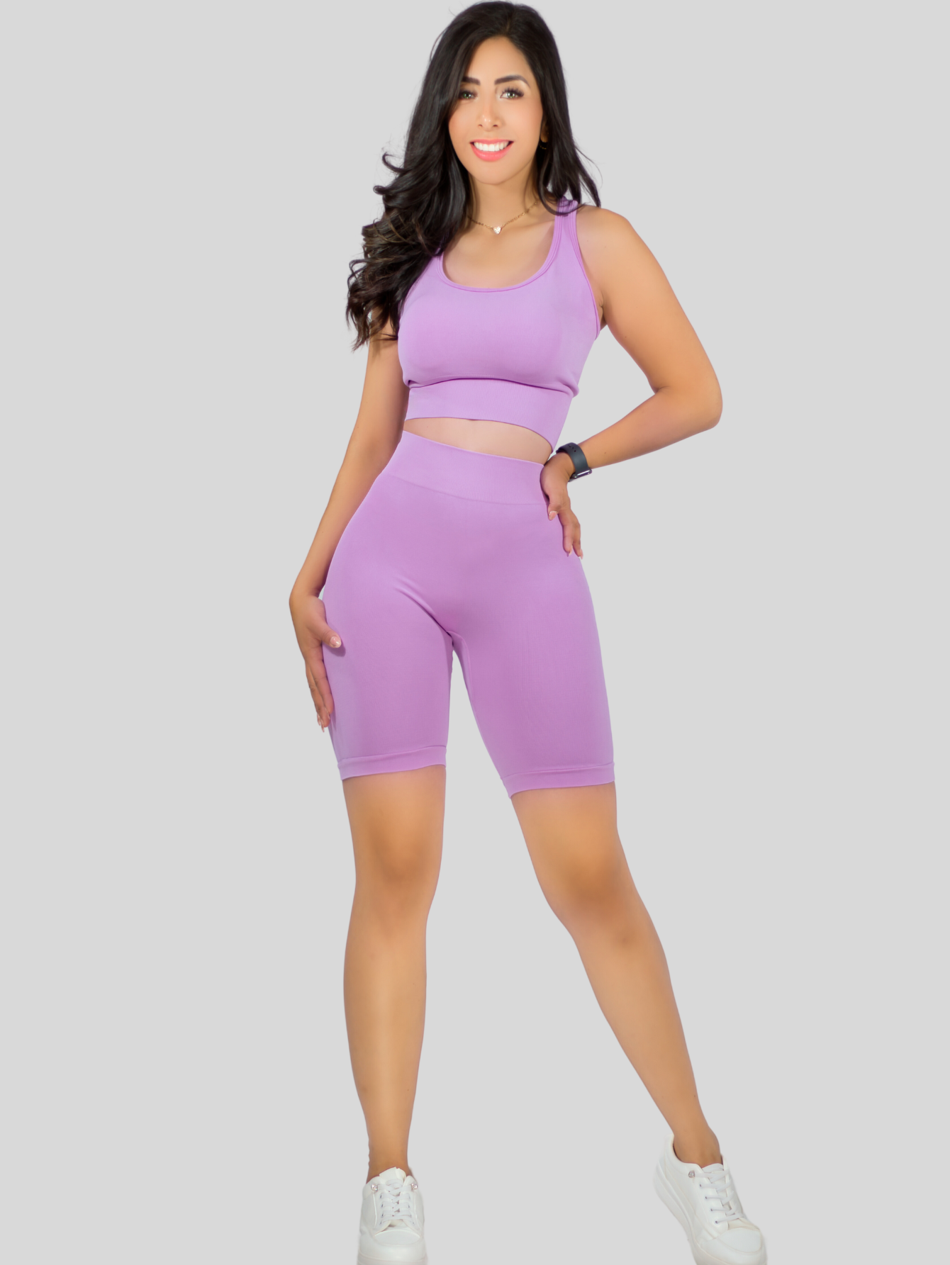 Foto 3 pulgar | Conjunto Deportiva Mujer Short Y Blusa Conj-056 Lila Stretch Fit Push Up