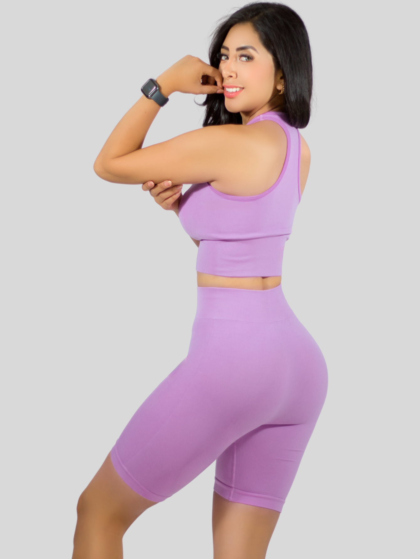 Foto 6 pulgar | Conjunto Deportiva Mujer Short Y Blusa Conj-056 Lila Stretch Fit Push Up