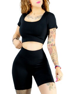 Foto 1 | Conjunto Deportivo De Mujer De Short Y Blusa Conj-066 Negro Stretch Push Up