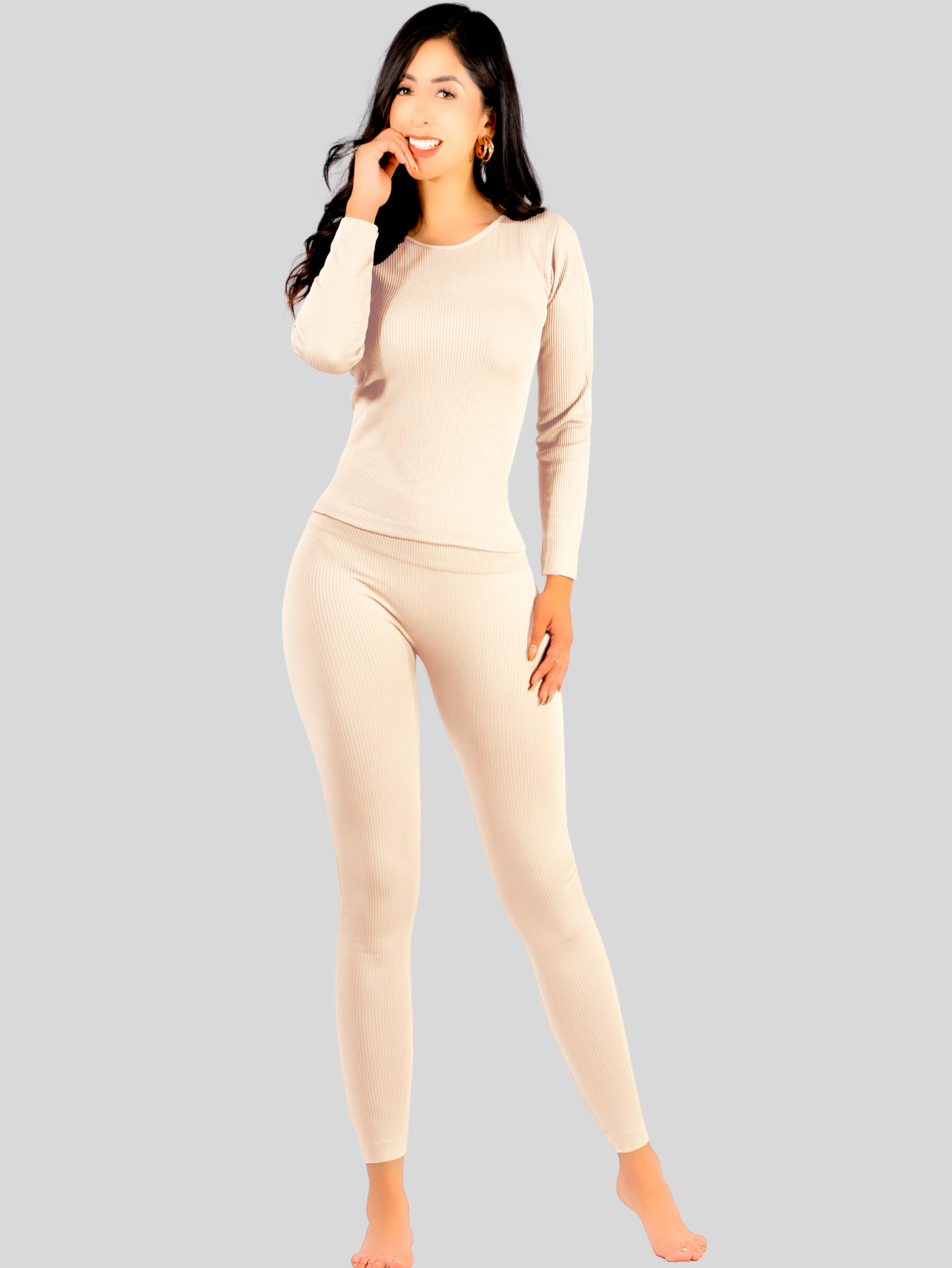 Foto 3 pulgar | Conjunto Térmico Mujer Pijamas Blusa Y Legging Conj-024-3 Beige Claro Piyama Pyjama