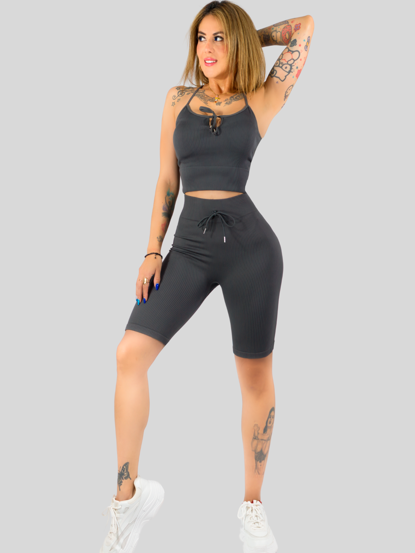 Foto 3 pulgar | Conjunto Deportiva Mujer Short Y Blusa Conj-069 Gris Stretch Fit Push Up