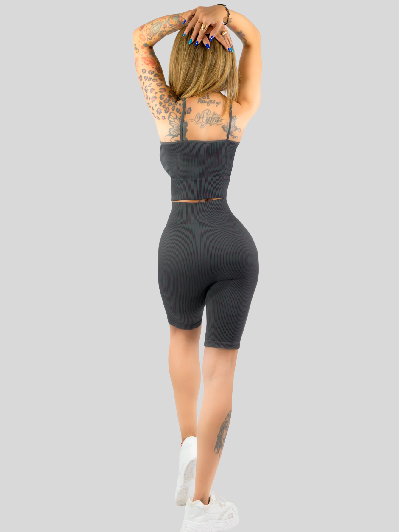 Foto 4 pulgar | Conjunto Deportiva Mujer Short Y Blusa Conj-069 Gris Stretch Fit Push Up