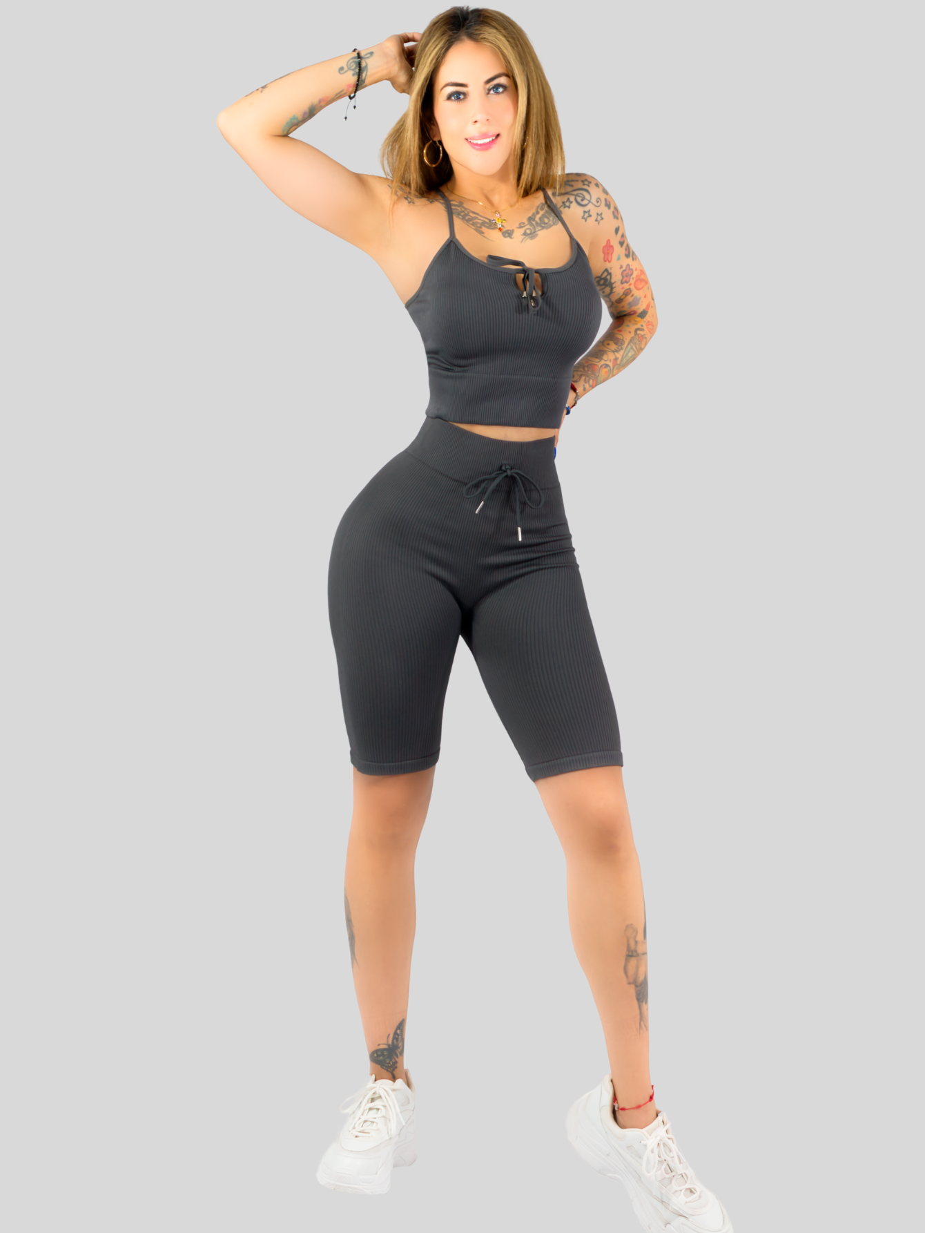 Foto 5 pulgar | Conjunto Deportiva Mujer Short Y Blusa Conj-069 Gris Stretch Fit Push Up